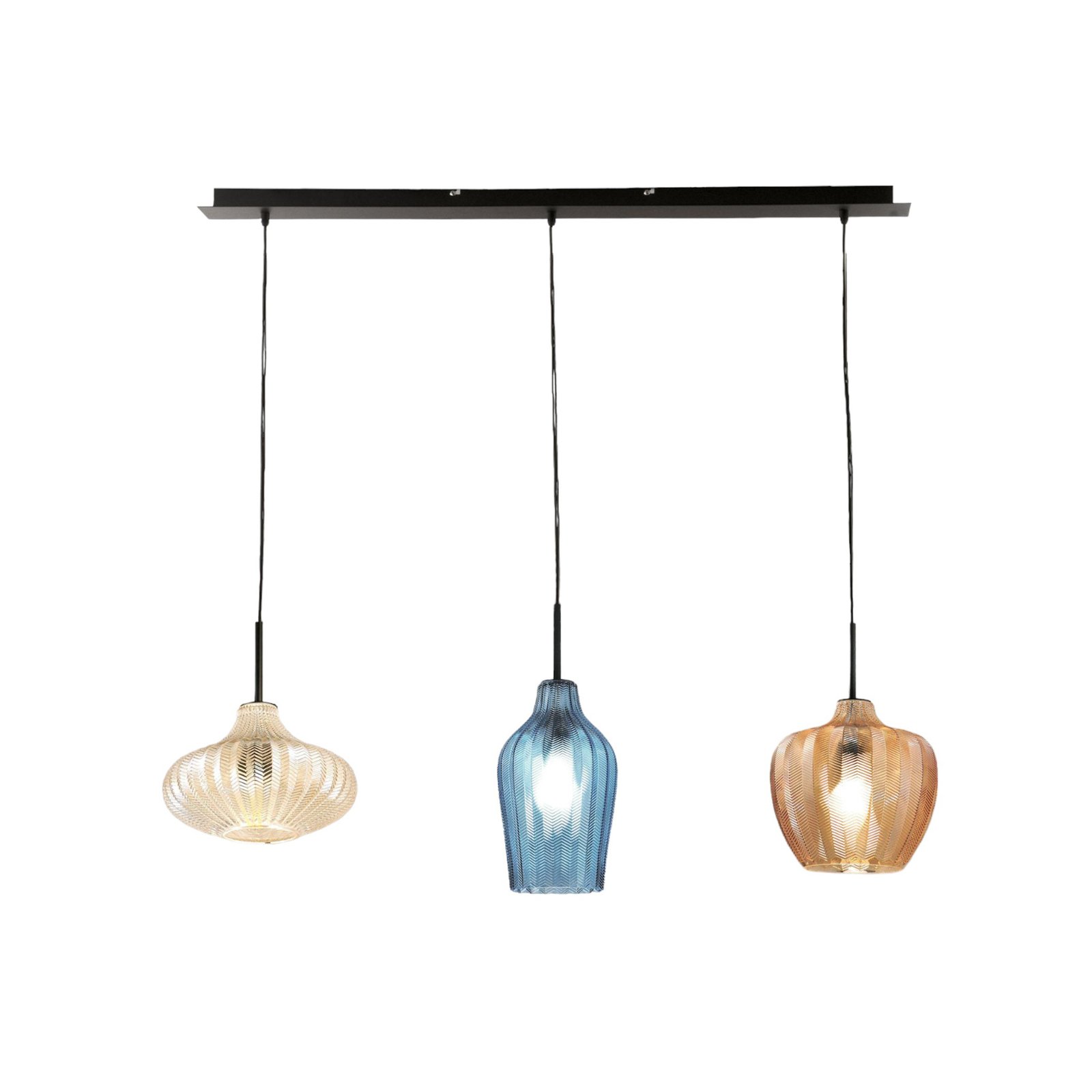 Olbia hanging light, linear, 3-bulb, amber/blue/beige, glass