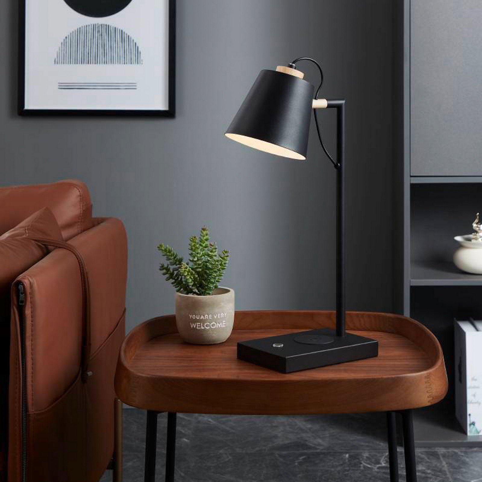 EGLO Lacey-QI Lampă de masă LED cu variator tactil - Studiu / Birou - modern - negru lemn deschis alb - Metal