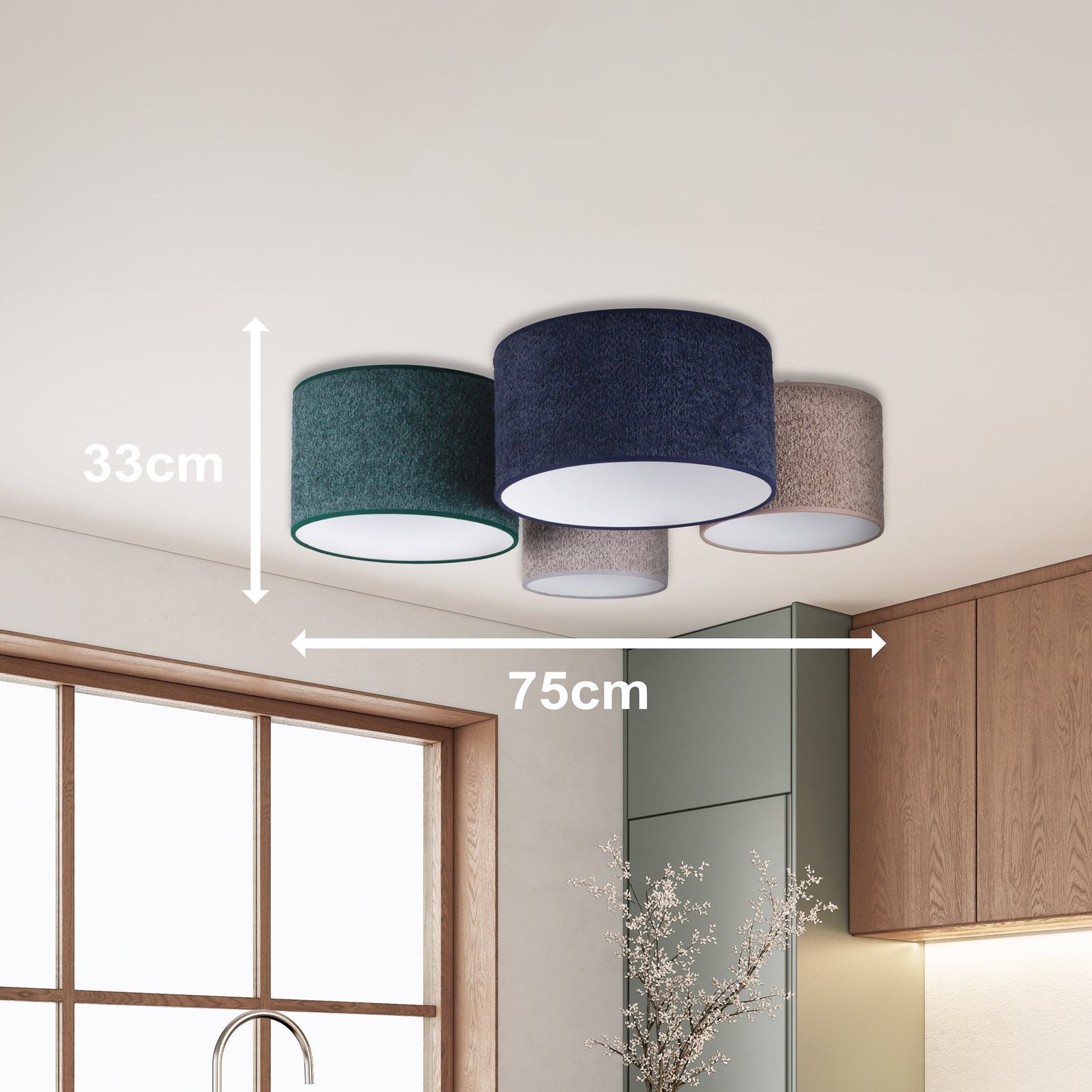 Plafondlamp Boucle 4-lamps blauw/groen/cappuccino