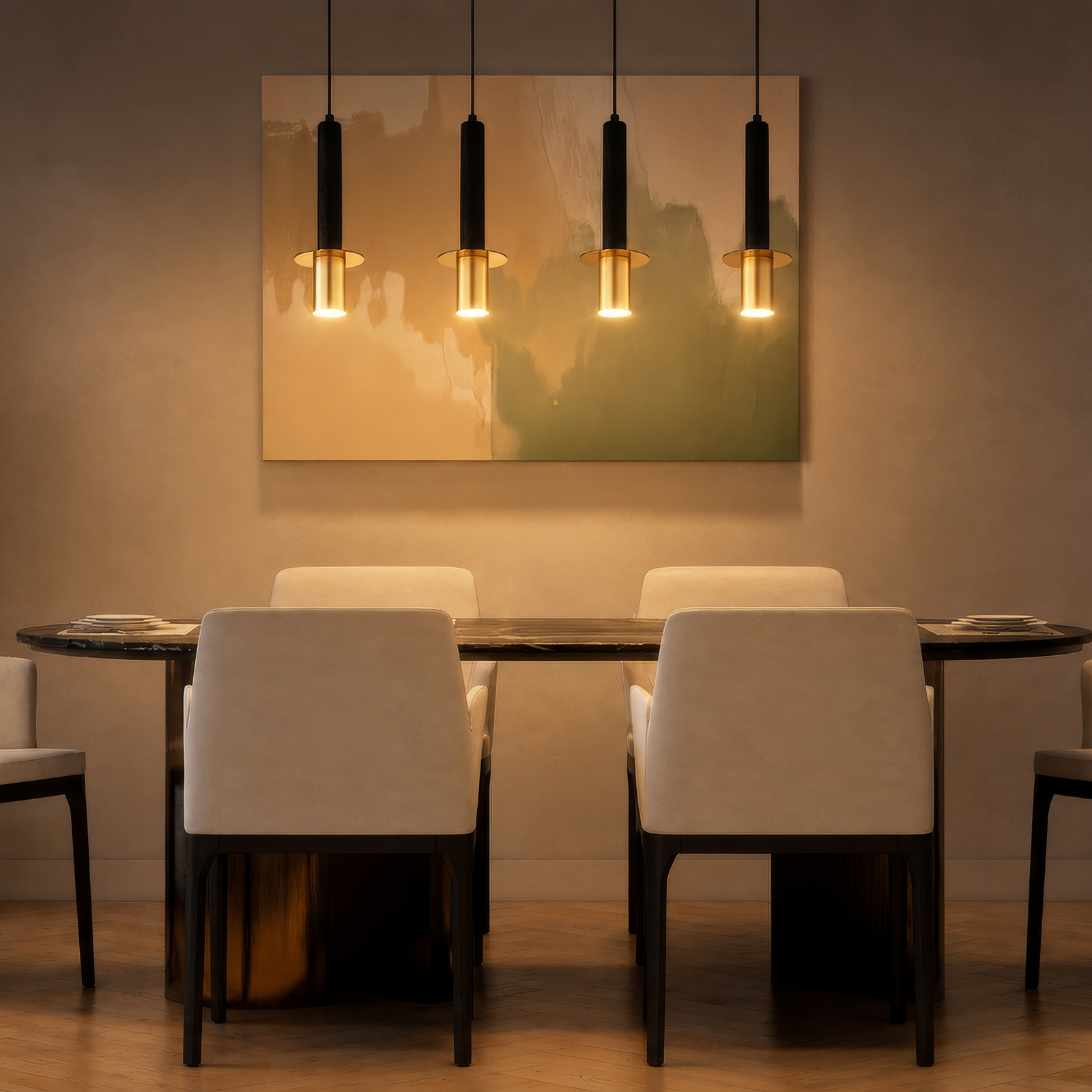 Lampada a sospensione Shanna, lunghezza 87 cm, nero/ottone, pietra, a 4 luci. Lampada a sospensione Shanna, lunghezza 87 cm, nero/ottone, pietra, a 4 luci.