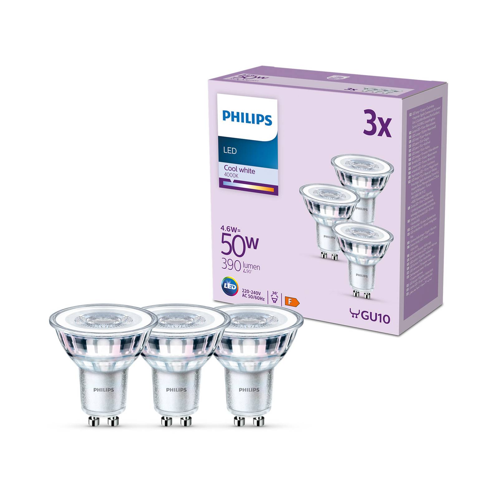 Philips LED-Lampe GU10 4,6W 390lm 840 klar 36° 3er