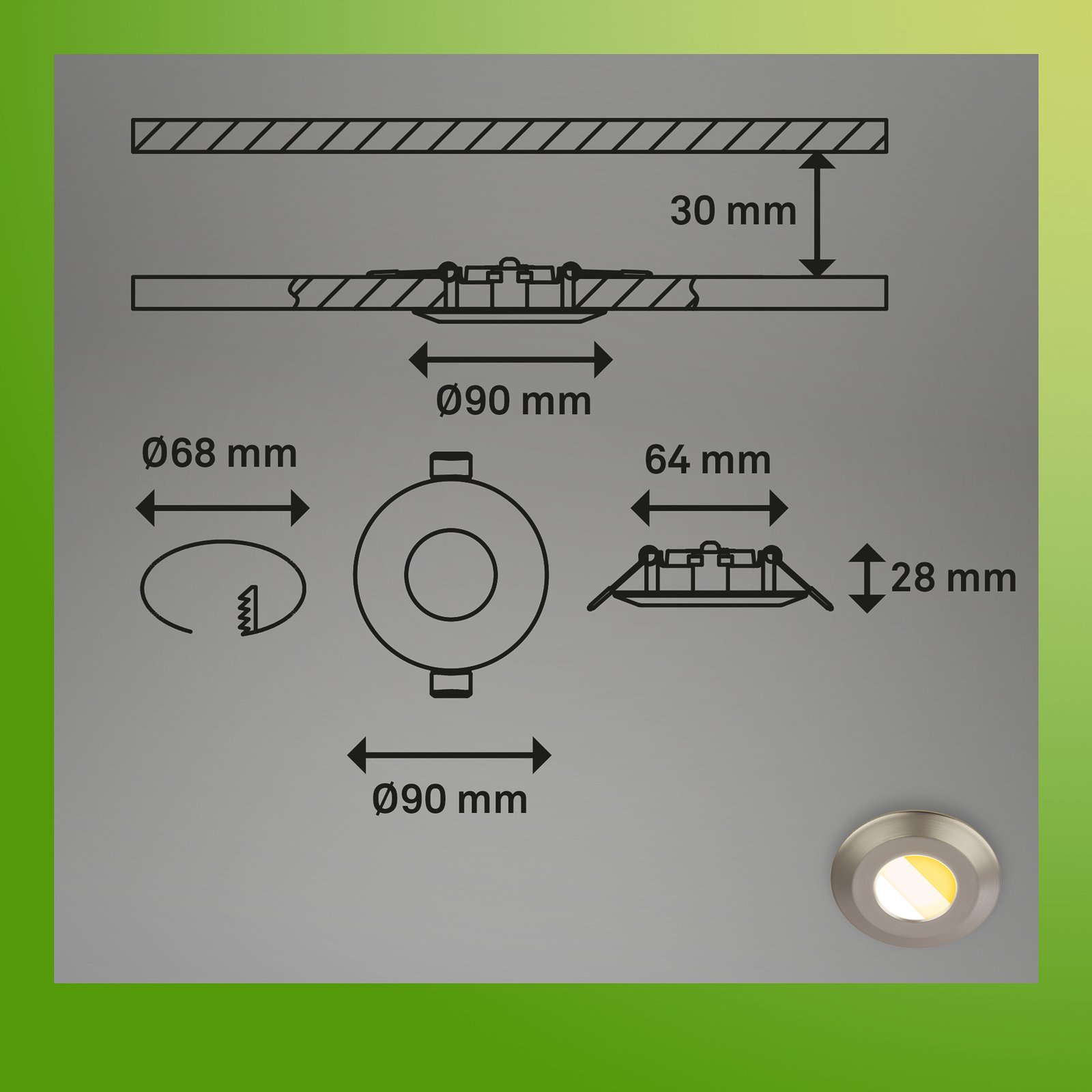 Klira inbouwlamp, mat nikkel, Ø9cm, IP44, dimbaar, 3 stuks