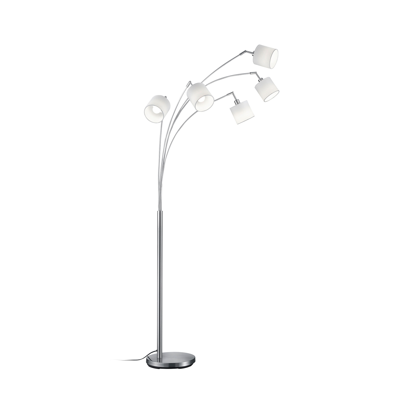 Tommy floor lamp, nickel/white, height 200 cm, 5-bulb, fabric