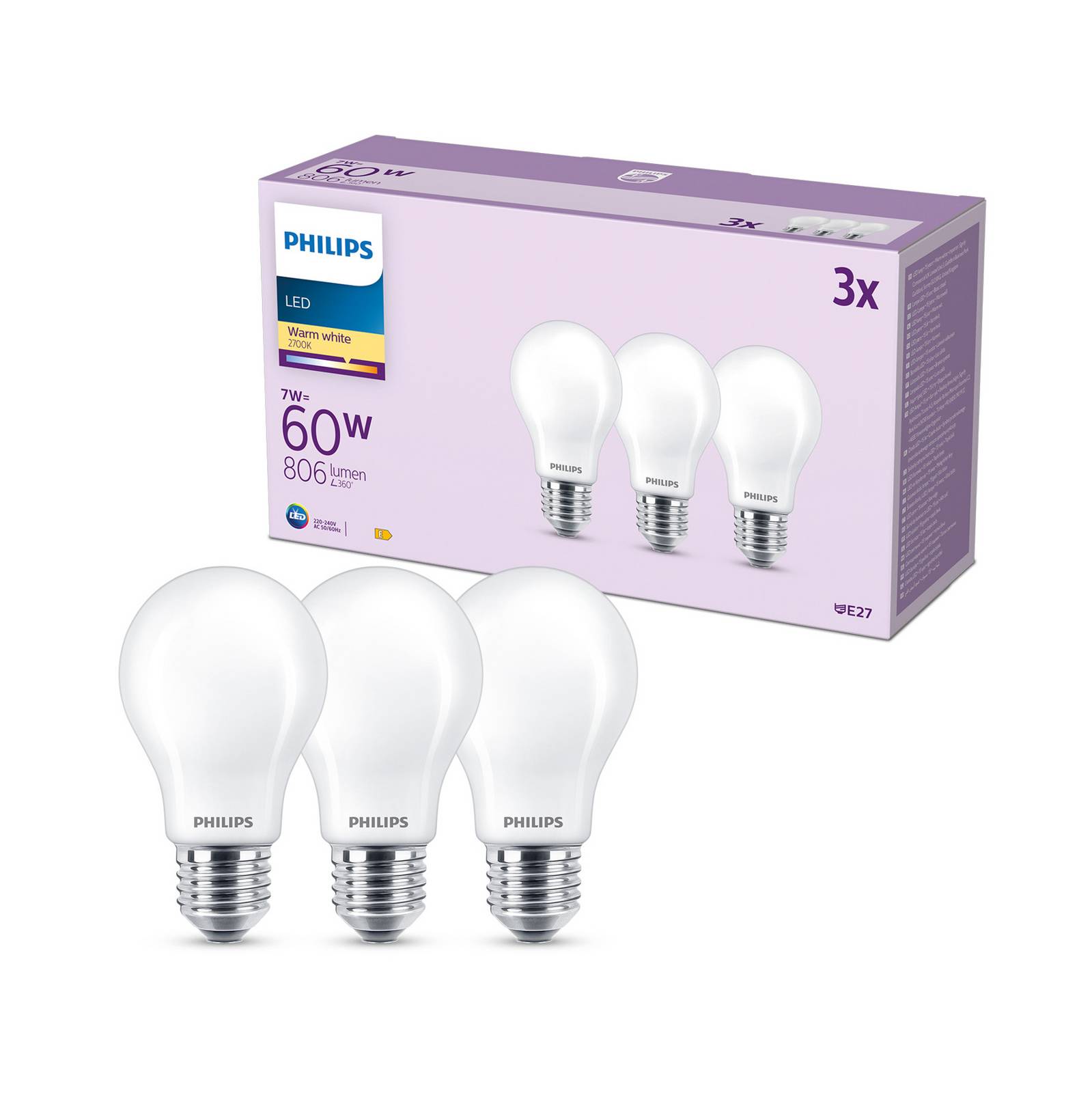 Philips LED E27 7W 806lm 2.700K satinato 3x, vetro, E27, 7 W, classe energetica: E, lunghezza: 10.6 cm