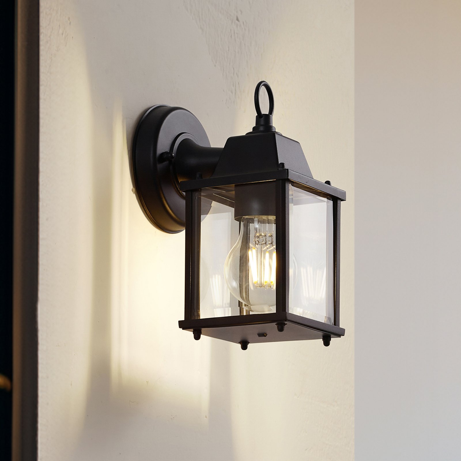 Lindby utomhusvägglampa Rurik, svart, glas, aluminium, E27