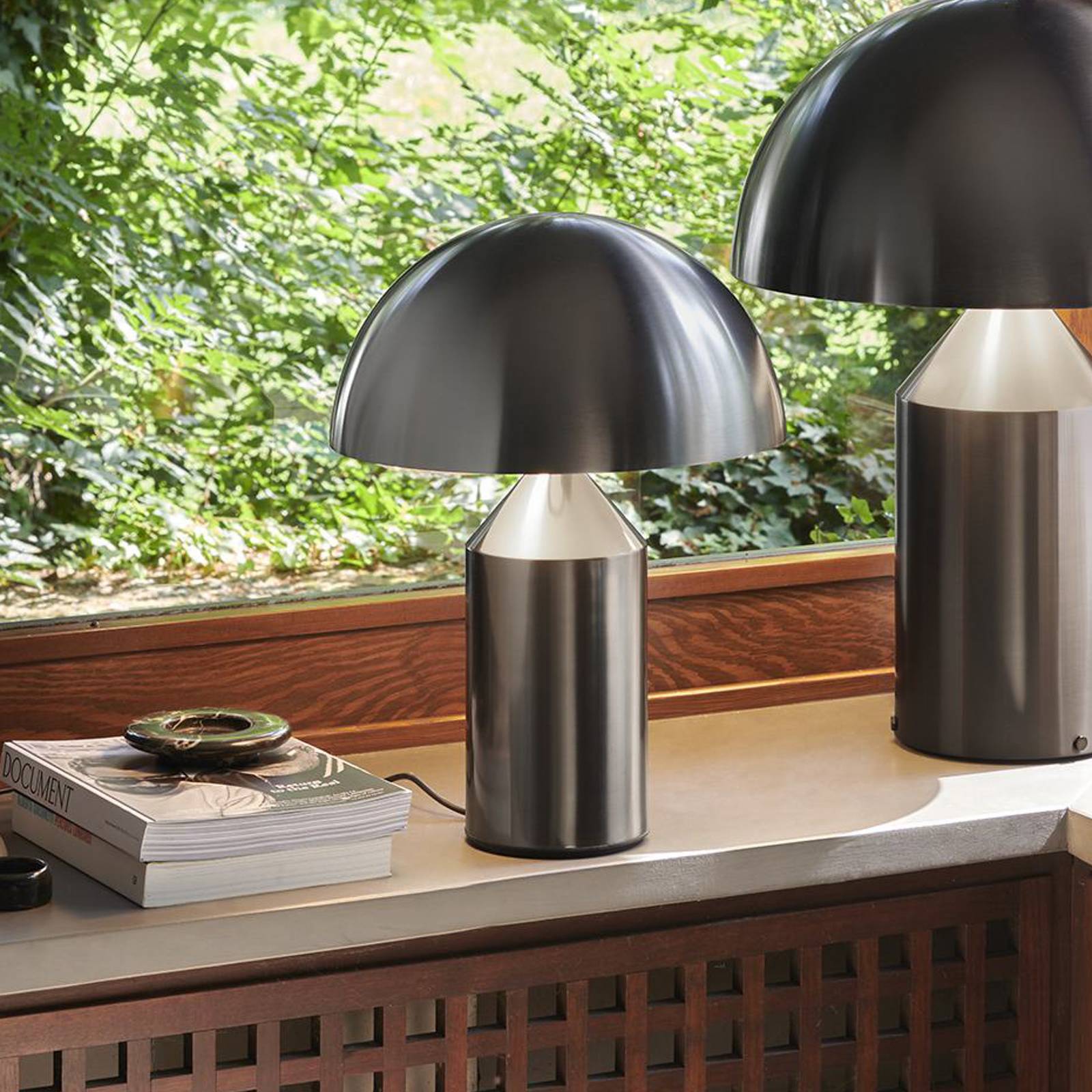 Oluce Tischleuchte Atollo, nickel satin, Dimmer, Alu, Ø 38cm günstig online kaufen