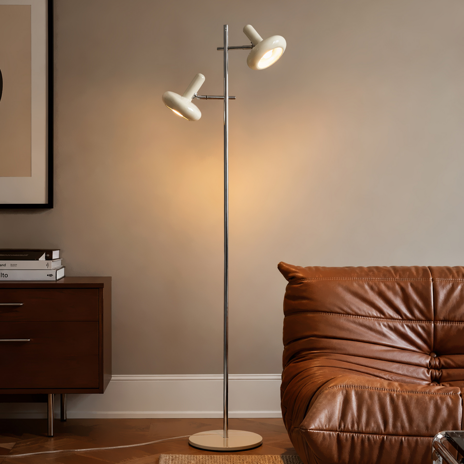 Lindby Stehleuchte Dylan, 2-flg., chrom/beige, 150 cm, E14