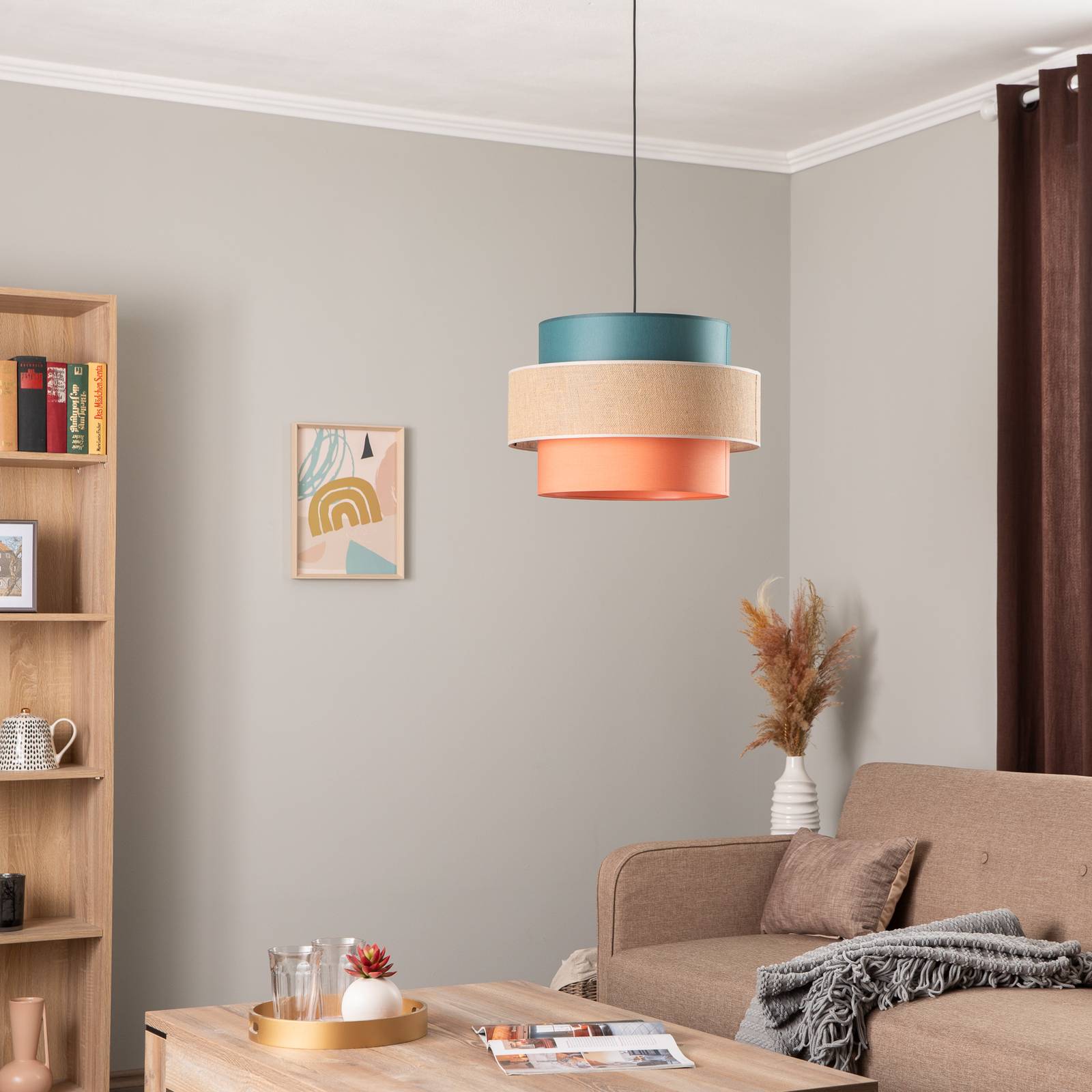 Lampa żyrandol Trio, klosz z juty, petrol/naturalny brąz/pomarańcz Ø 50cm