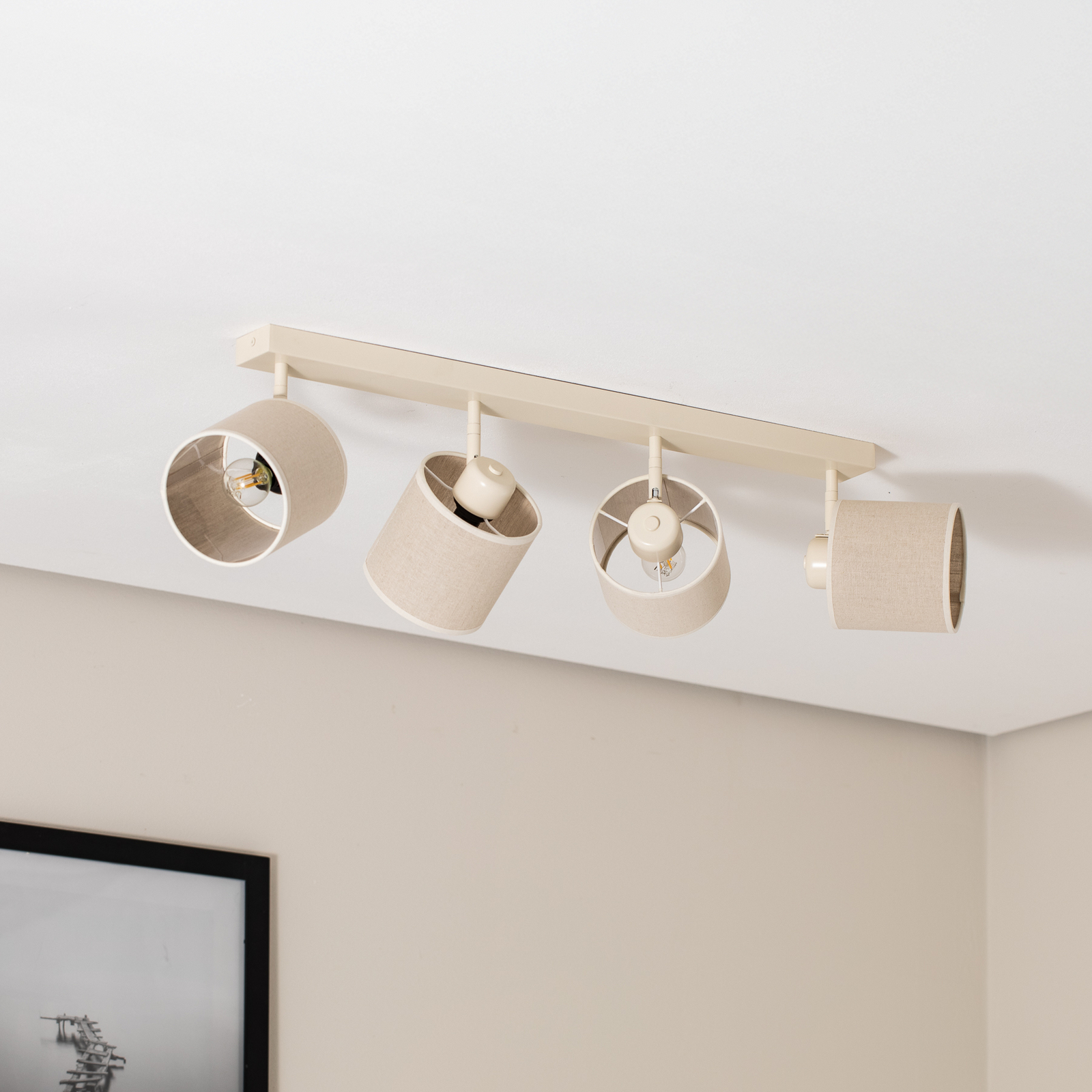 Plafonnier Suerte, blanc crème, textile en lin, à 4 lampes