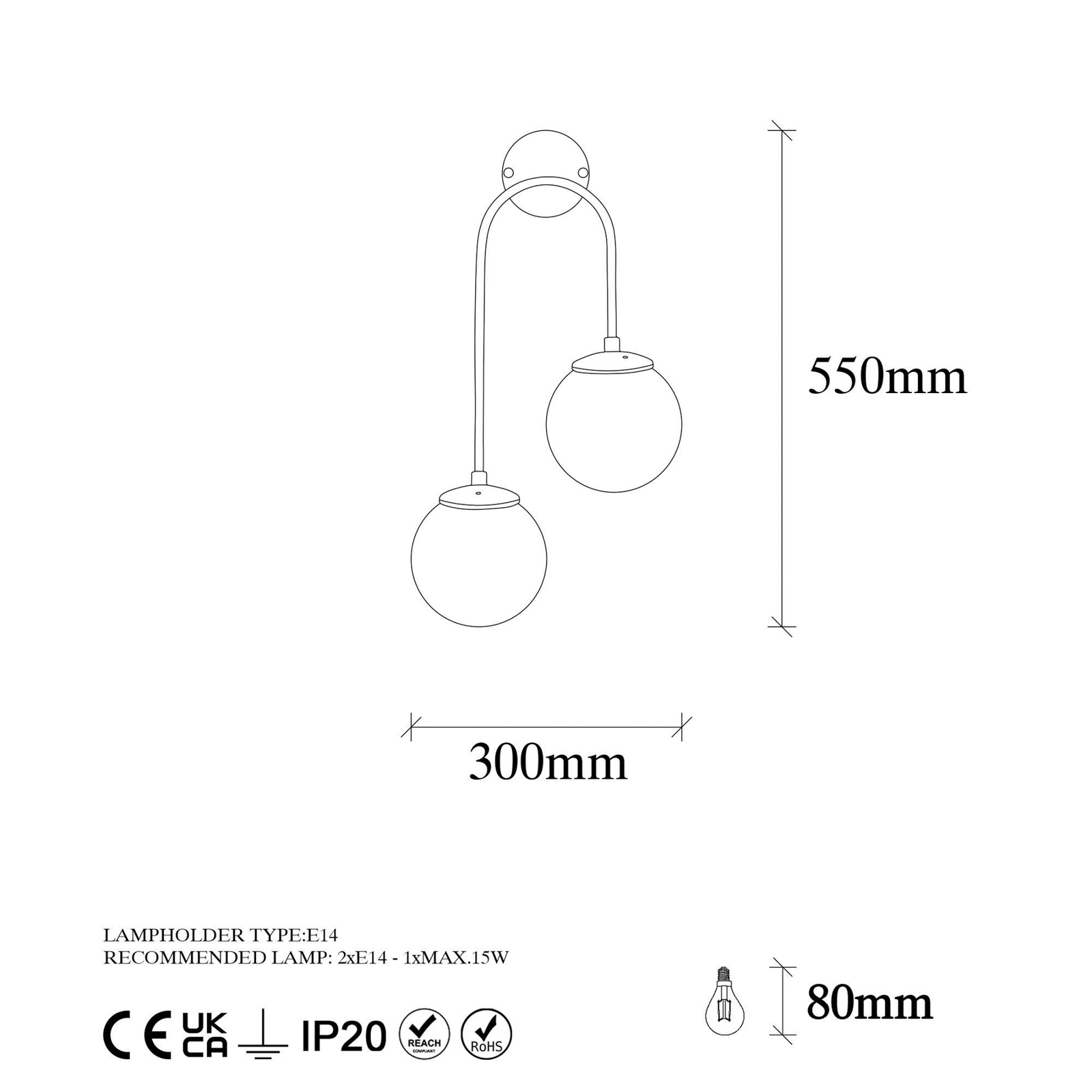 Vegglampe Jewel 10585 gullfarget, opalt glass 55 x 30 cm 2 lyskilder.