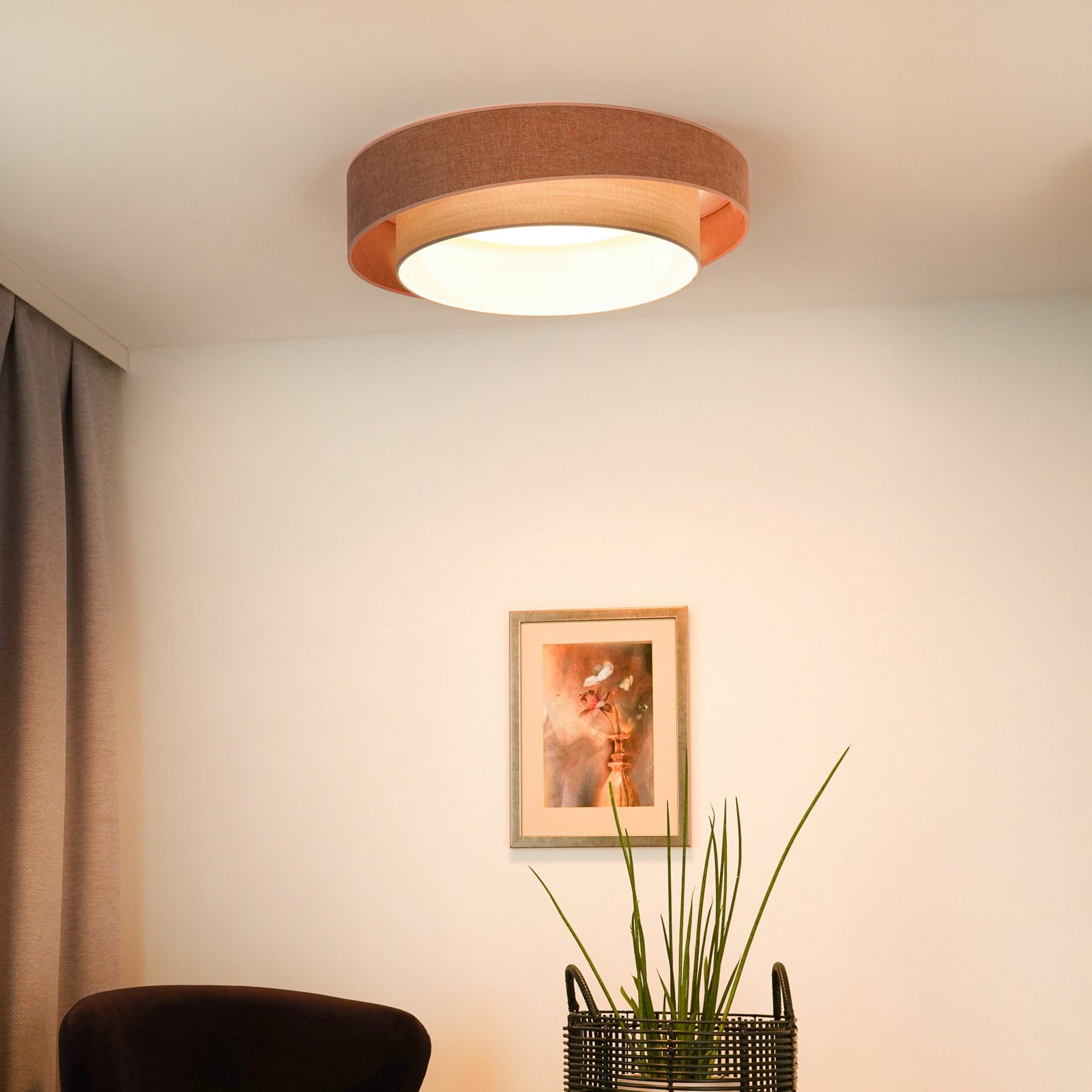Lampa sufitowa LED Luneta S, szenilowa, różowa/szara, ściemniana 3-stopniowo