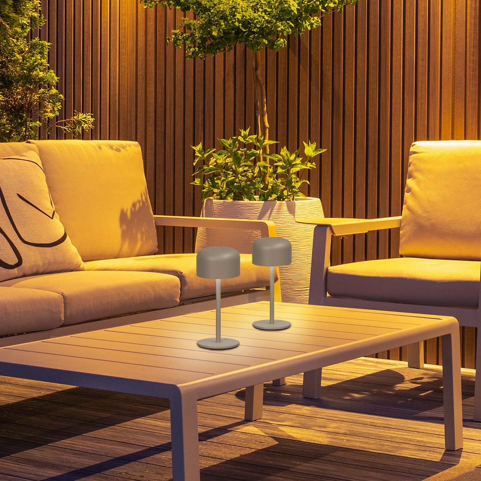 LED-Akku-Tischlampe Finley grau-braun Höhe 22 cm Metall IP54