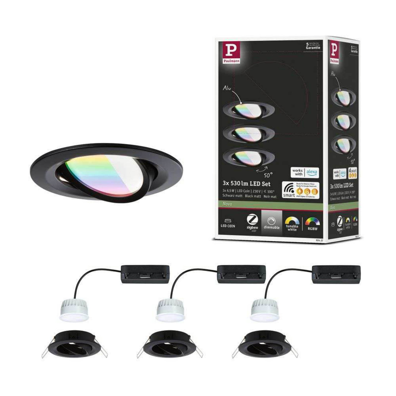 Paulmann LED-inbouwlamp Nova Coin Smart zwart RGBW set van 3 stuks 8,4 cm