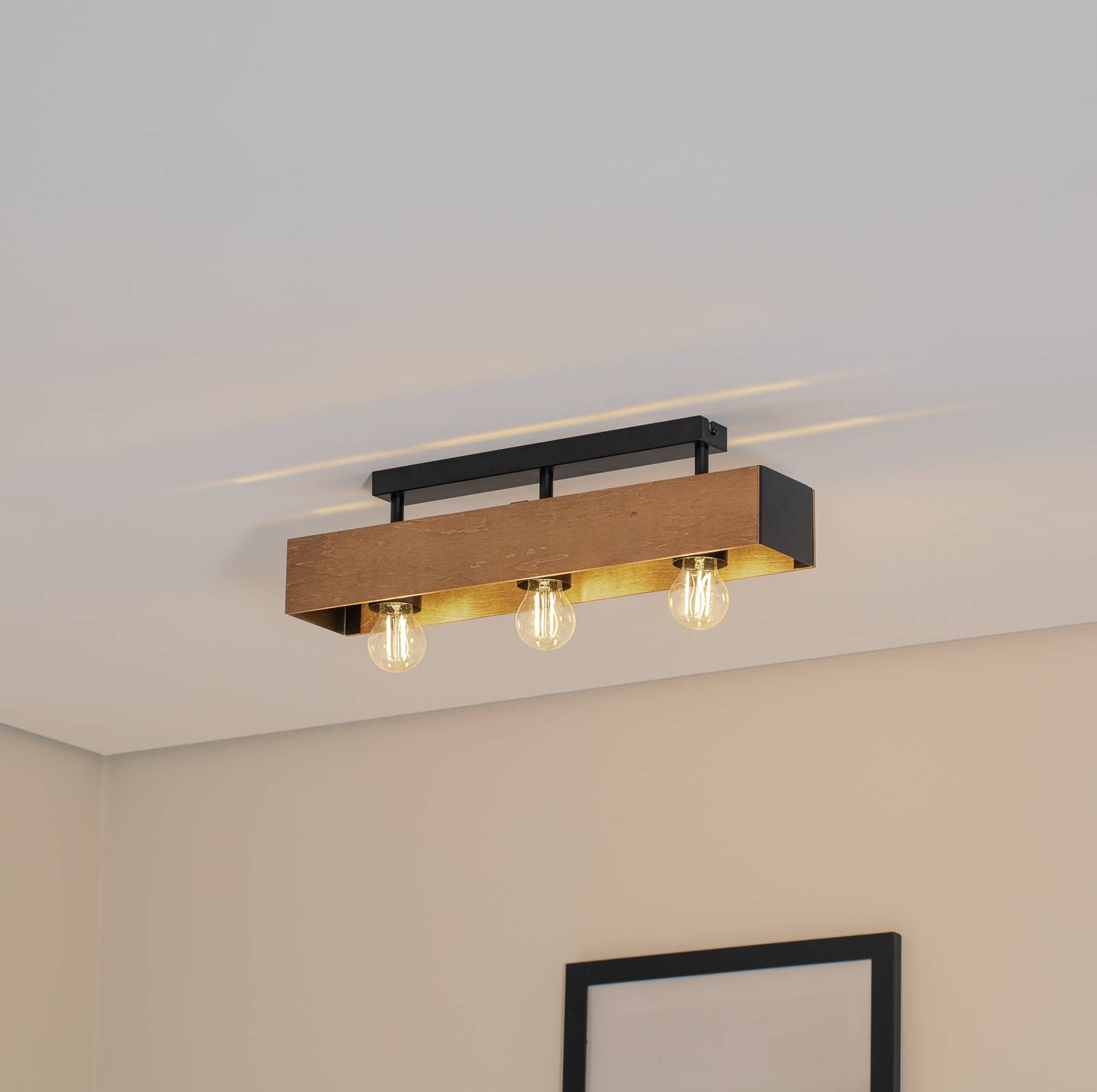 Deckenlampe Miluza, schwarz/braun, Länge 57 cm, Holz, 3-flg. günstig online kaufen