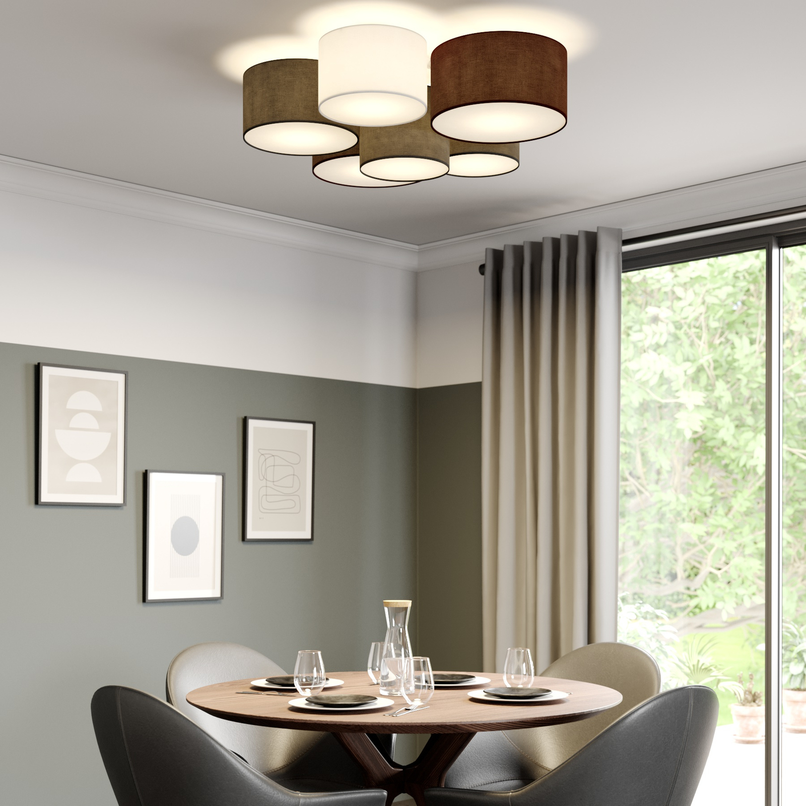 Lindby Laurenz plafondlamp, 6-lamps, grijs, bruin