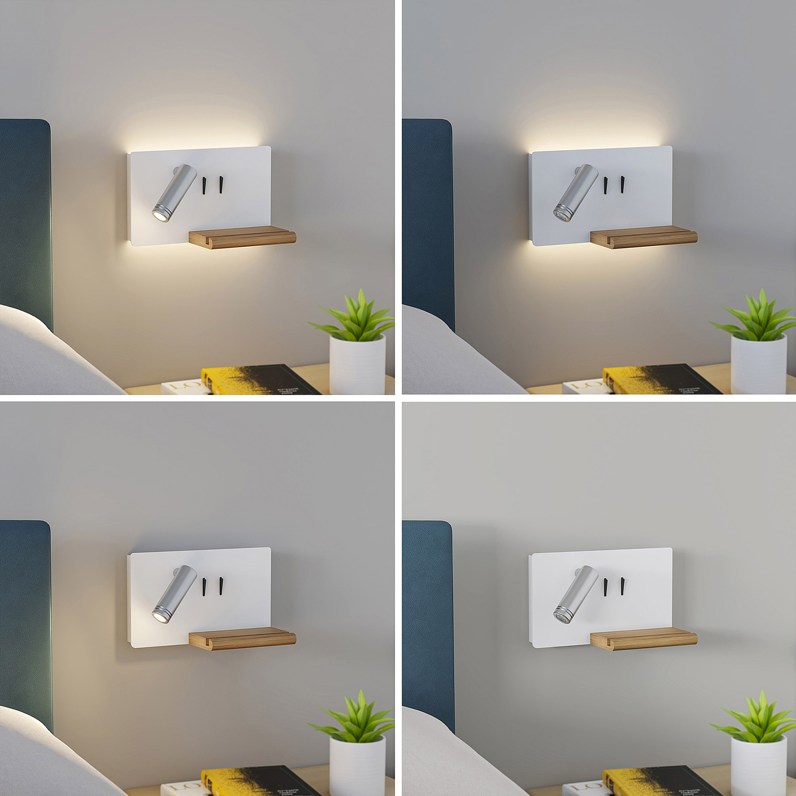 Lucande Kimo LED-vegglampe hvit/nikkel USB hylle