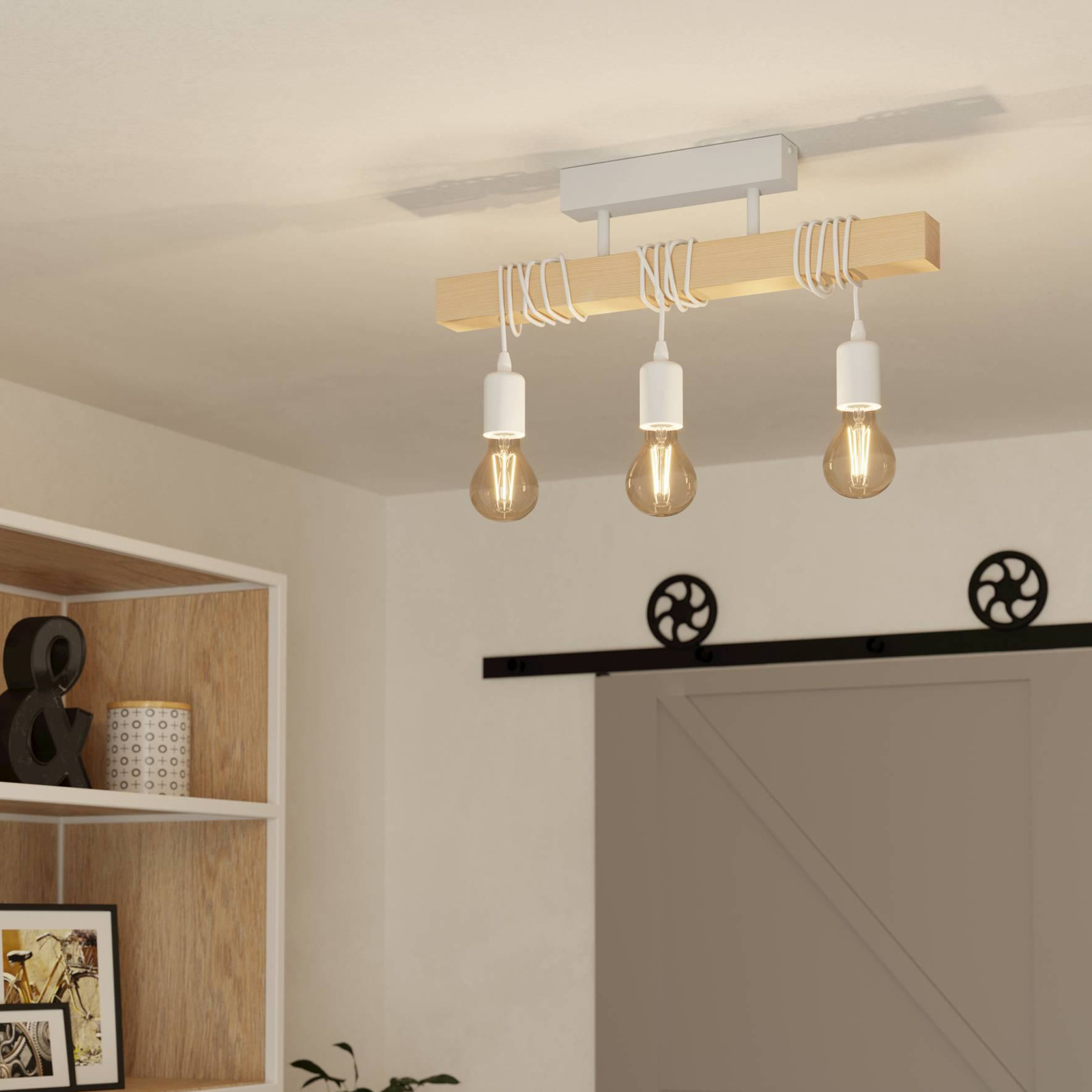 Townshend ceiling light, length 55 cm, white/oak, 3-bulb.