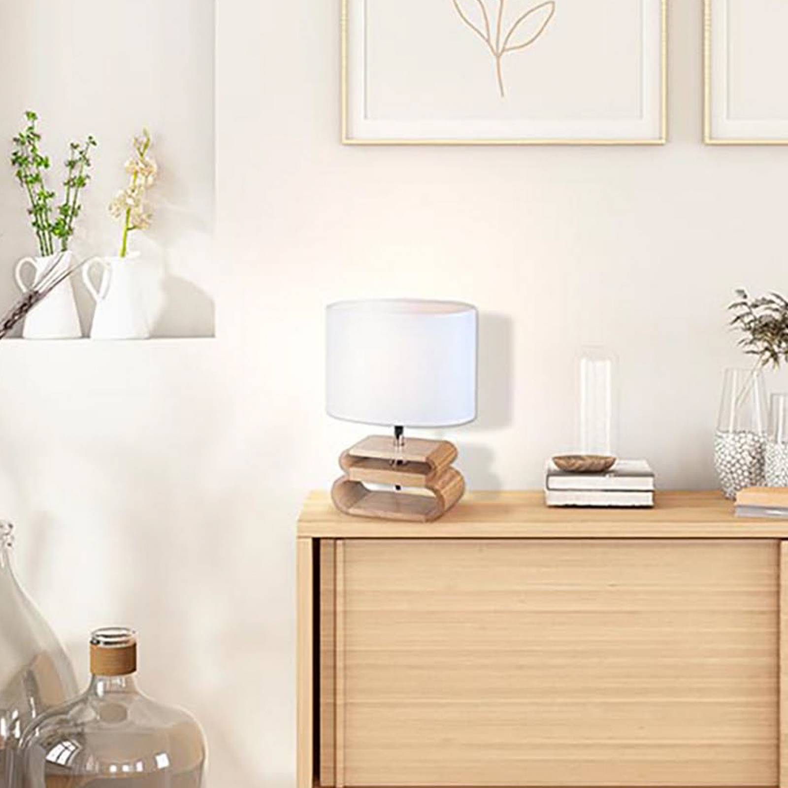 COREP Bordslampa Oslo, vit/ljust trä, höjd 30 cm, linne/trä