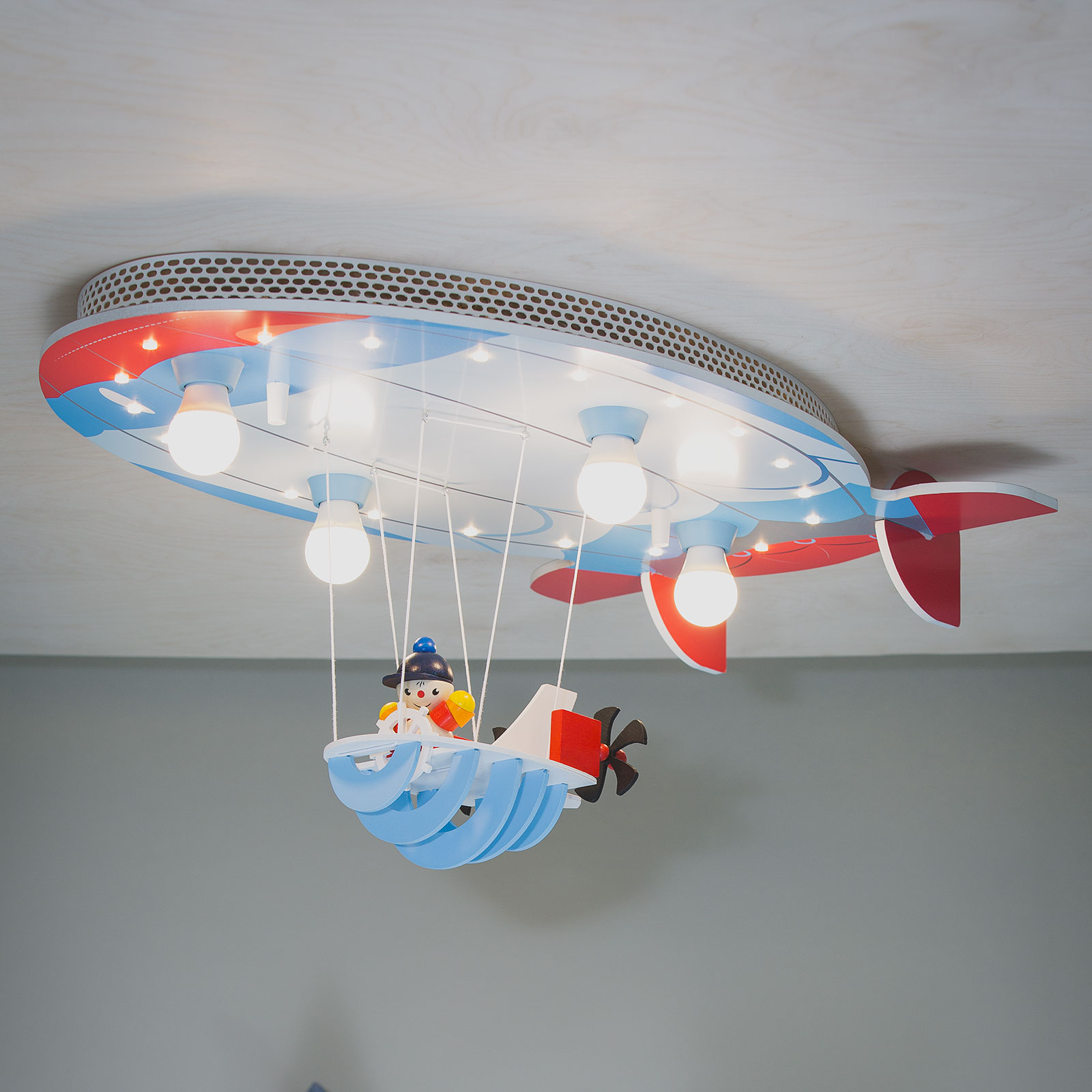 Elobra Airship ceiling light with Joe blue, red and white, for Children's Room, wood, E14, 40 W, energy efficiency: A++, L: 74 cm, W: 48 cm, H: 30 cm