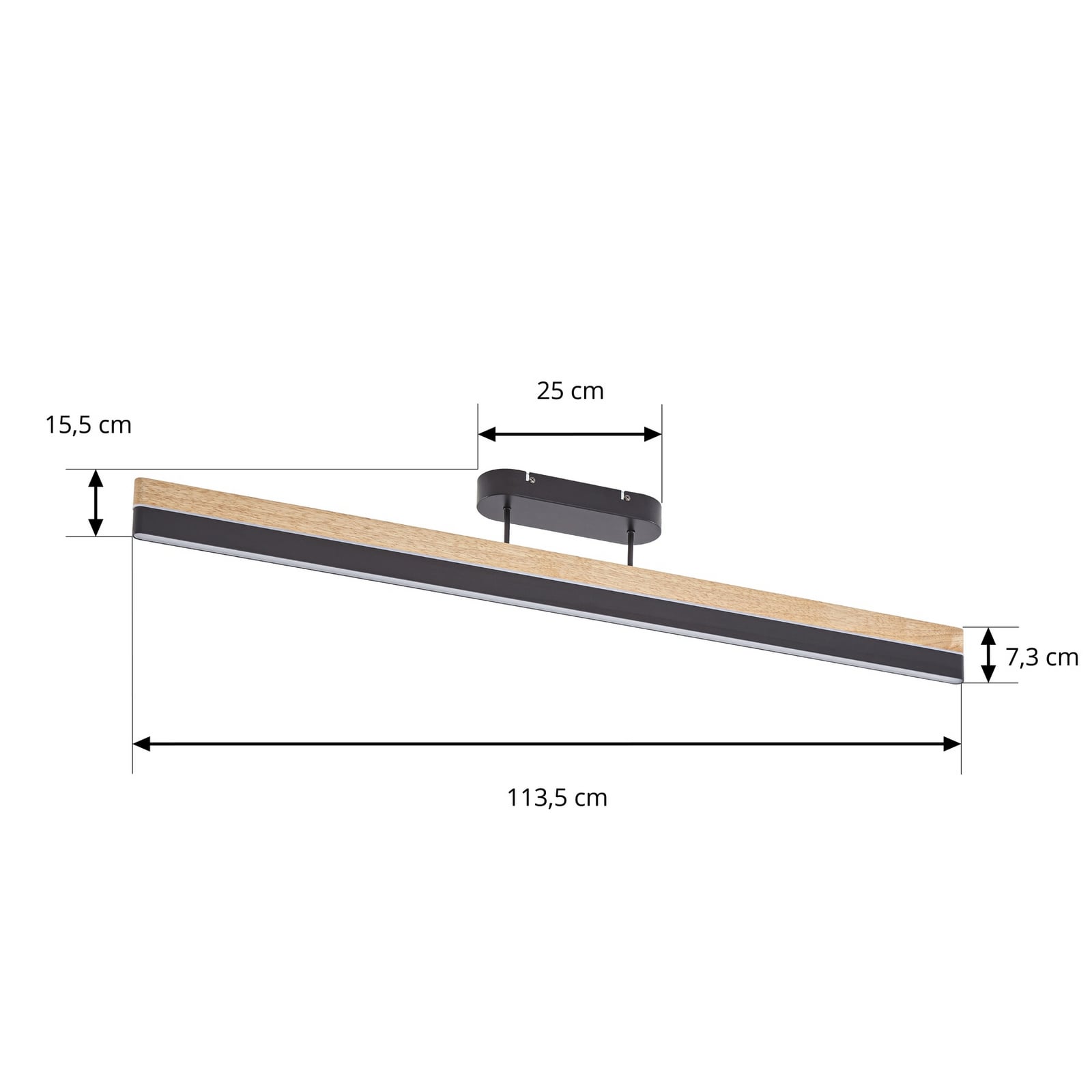 Plafoniera LED Holven, 113 cm, nero/legno, dimmerabile, CCT - Lucande Plafoniera LED Holven, 113 cm, nero/legno, dimmerabile, CCT - Lucande