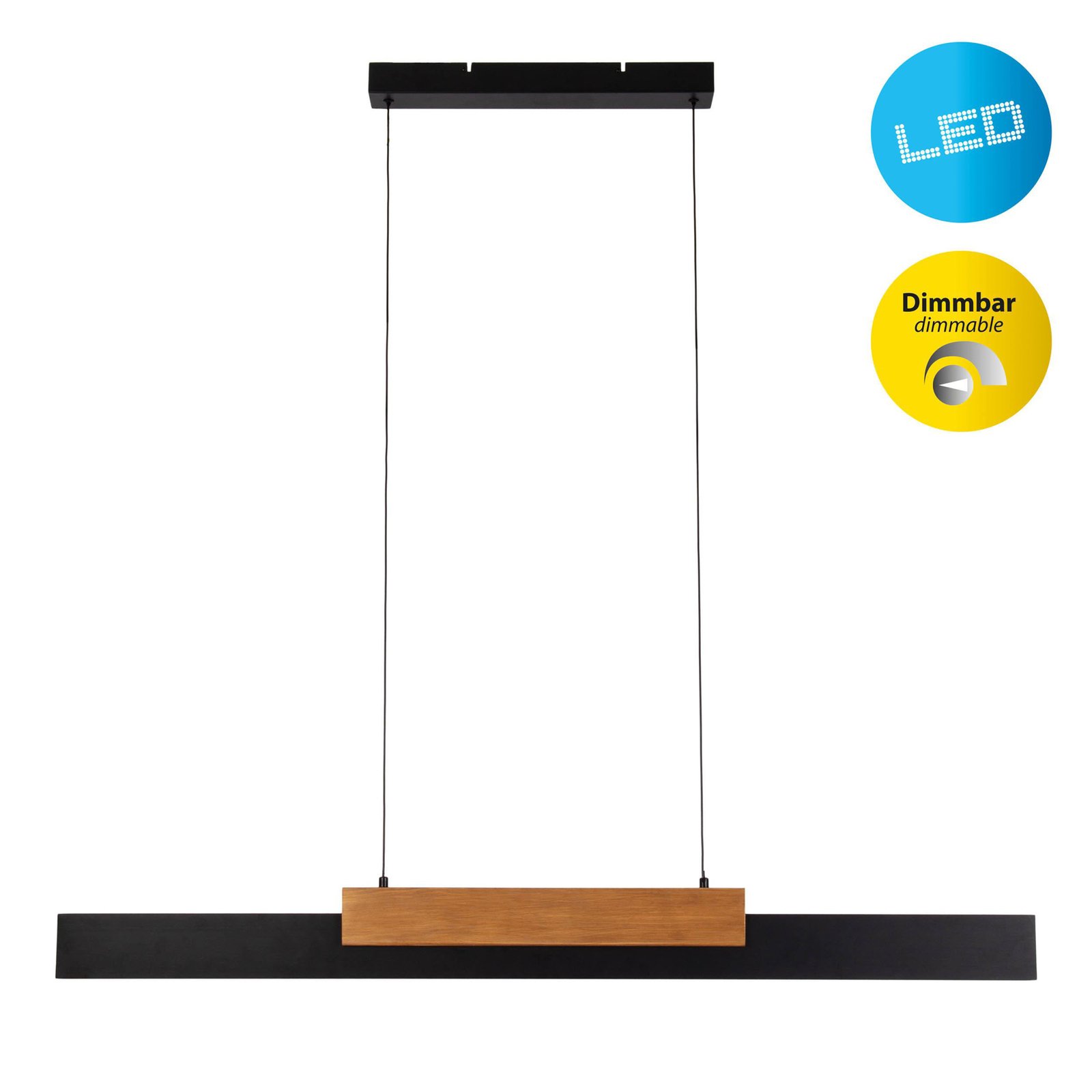 Suspension LED Wiebke, noir détail bois 120,5 cm intensité variable