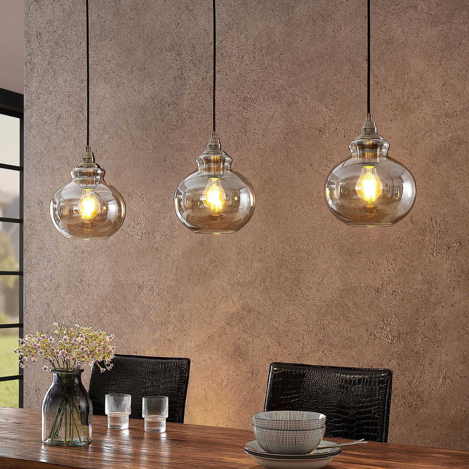 Lindby Tymoni glazen hanglamp, amber, 3-lamps