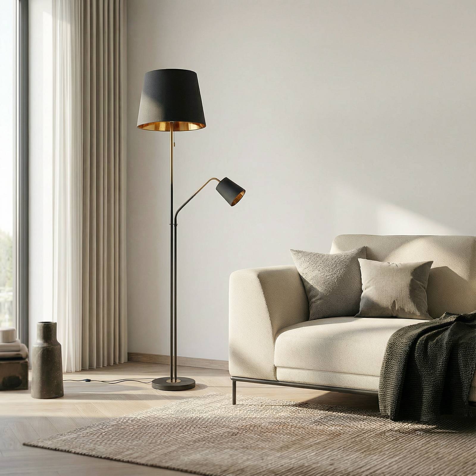 Lindby Stehlampe Efalia, schwarz/gold, Textil, Leselicht günstig online kaufen