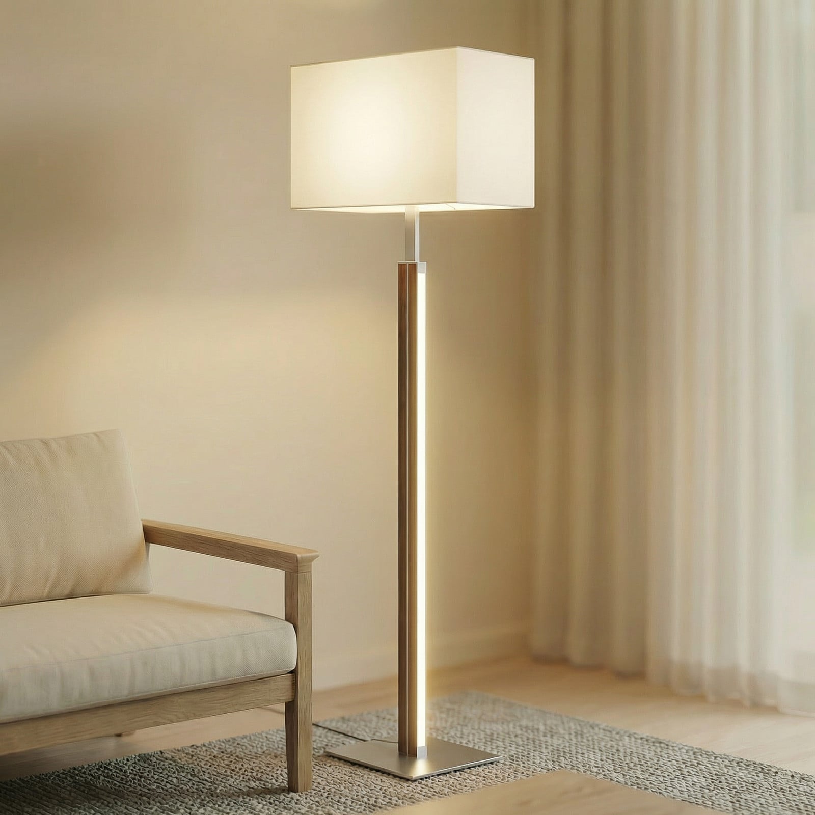 Lampadar LED Quitani Lisene nuc/argintiu/natur 162 cm dimabil - Camera de zi / sufragerie - Design - nuc argintiu natural - Țesătură / Textil