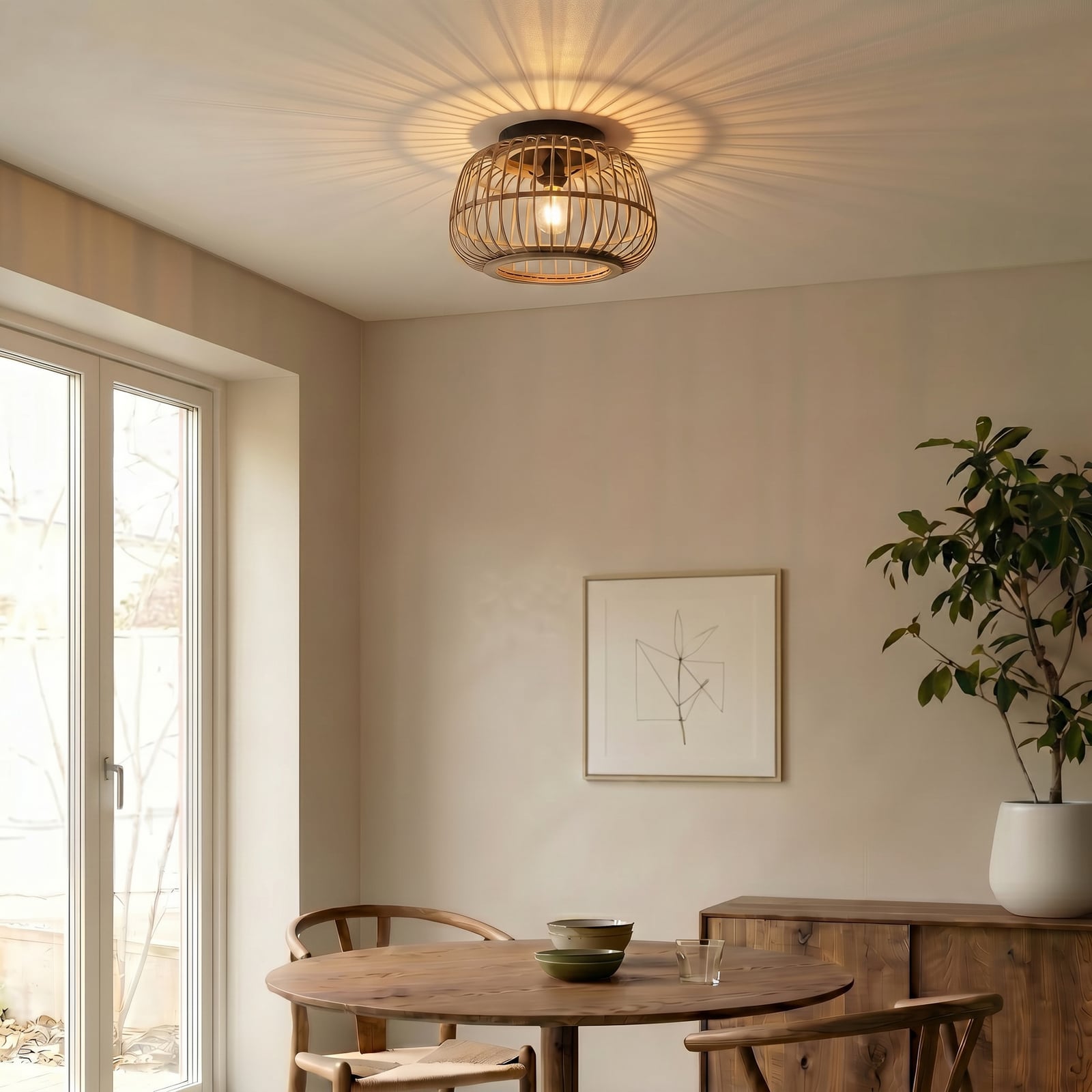 Lindby loftlampe Bominio, Ø 40 cm, rattan, træ, E27