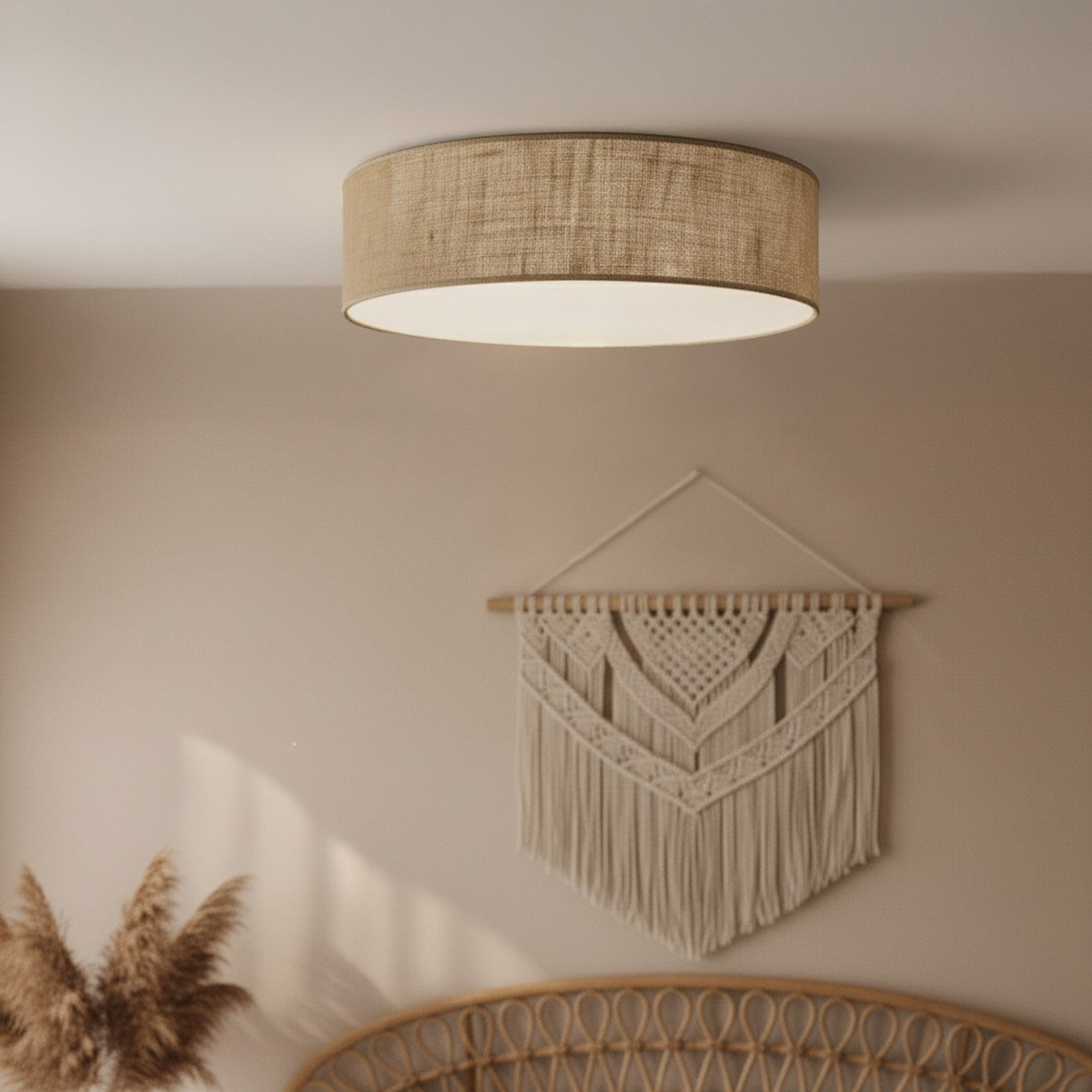 Plafonnier Marshall, marron, Ø 50 cm, métal, rotin Plafonnier Marshall, marron, Ø 50 cm, métal, rotin