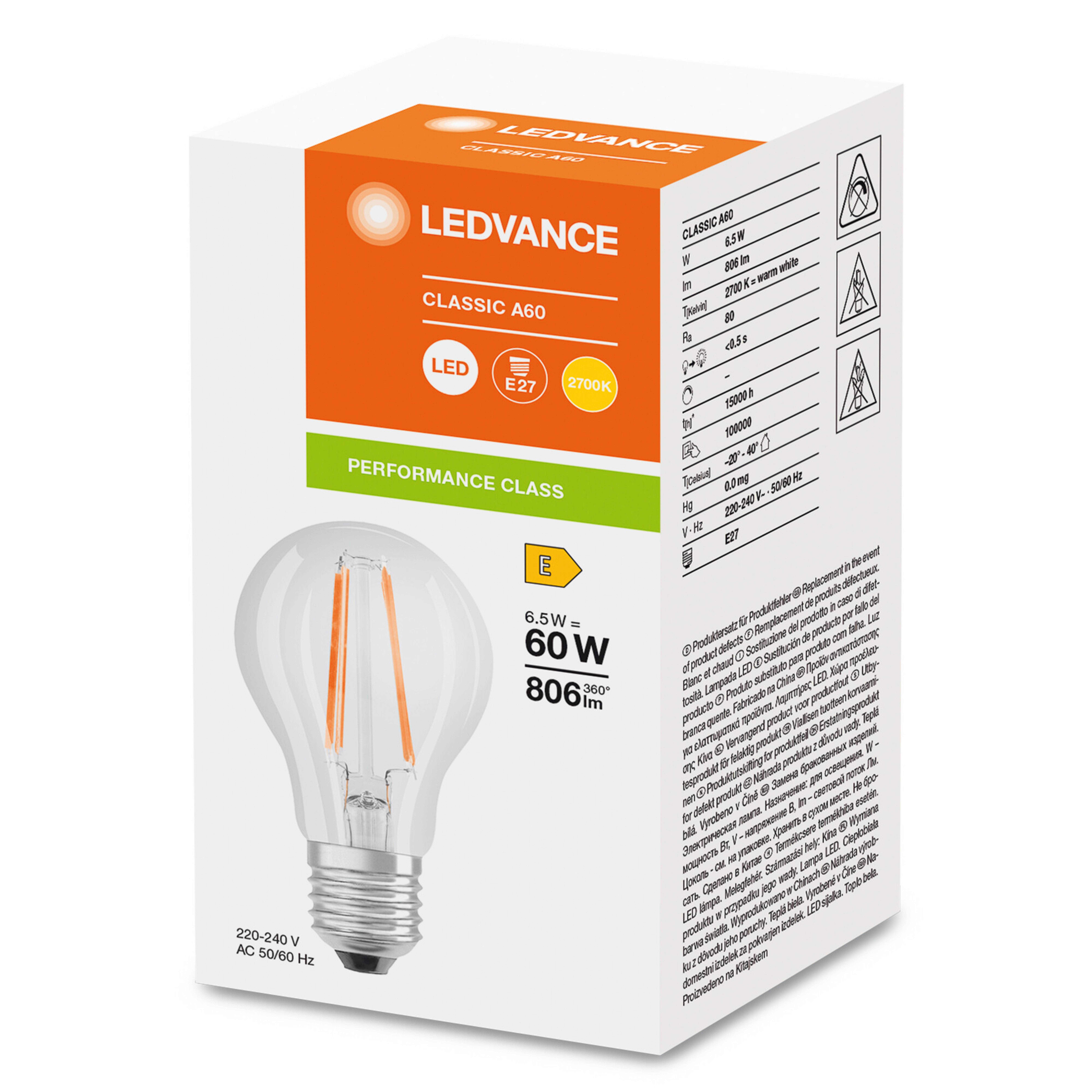 Lampadina LED filamenti E27 6,5W 827, trasparente