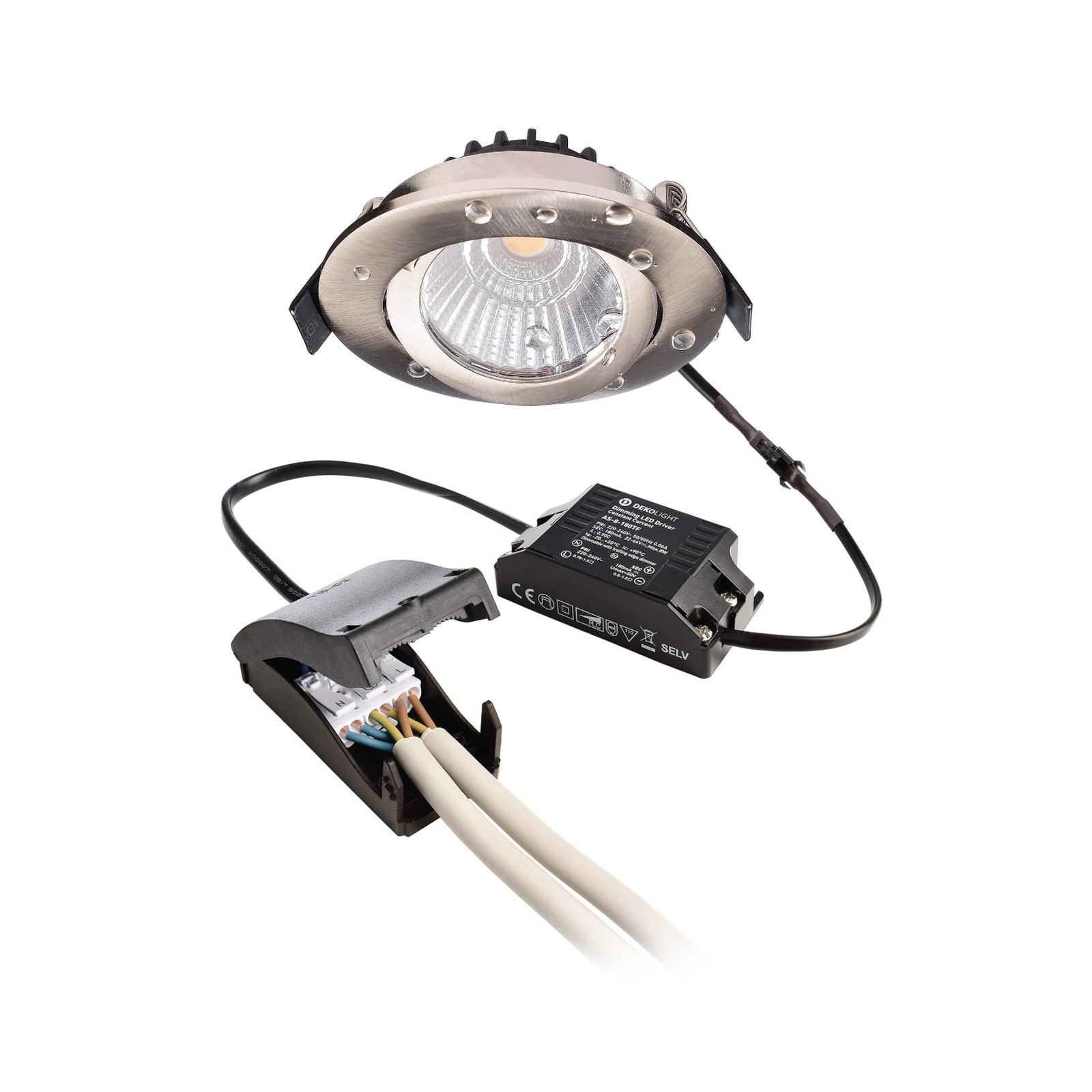 Plafond inbouwlamp Dione, IP44, nikkel, dimbaar tot warm