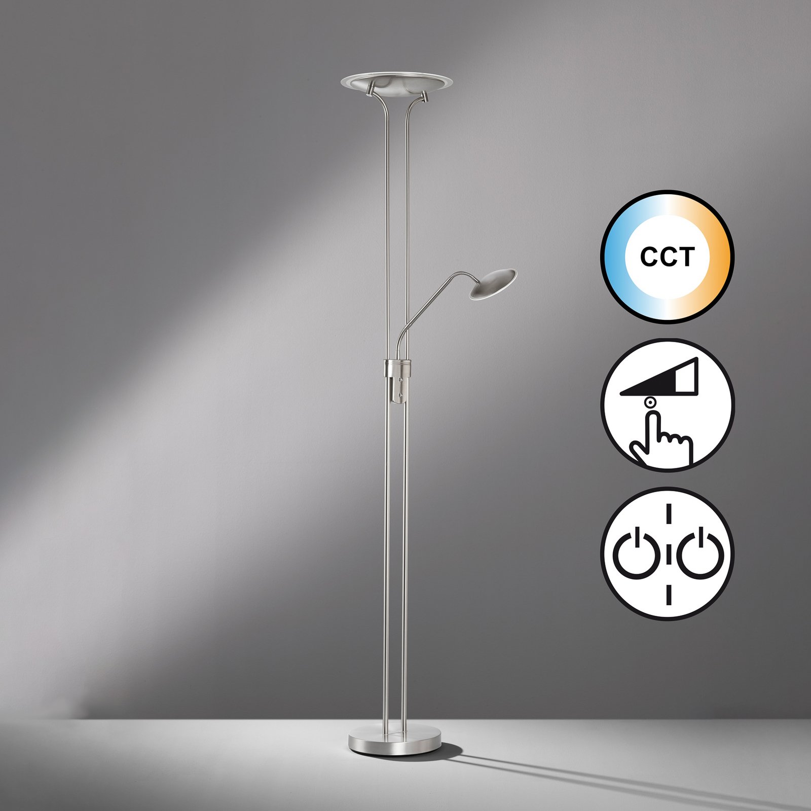 Tallri LED floor lamp, nickel Height 180 cm 2-bulb CCT Touchdim