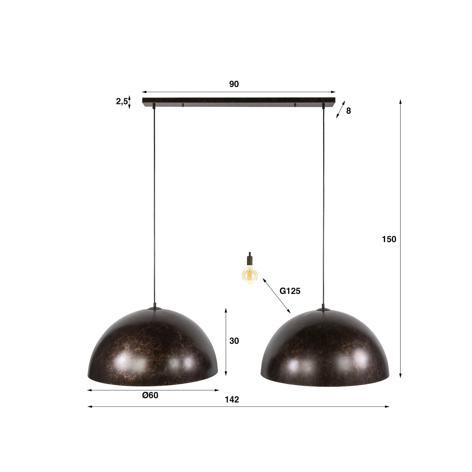 Pendelleuchte Dome, braun, Metall, 2-flammig, E27, 142 cm