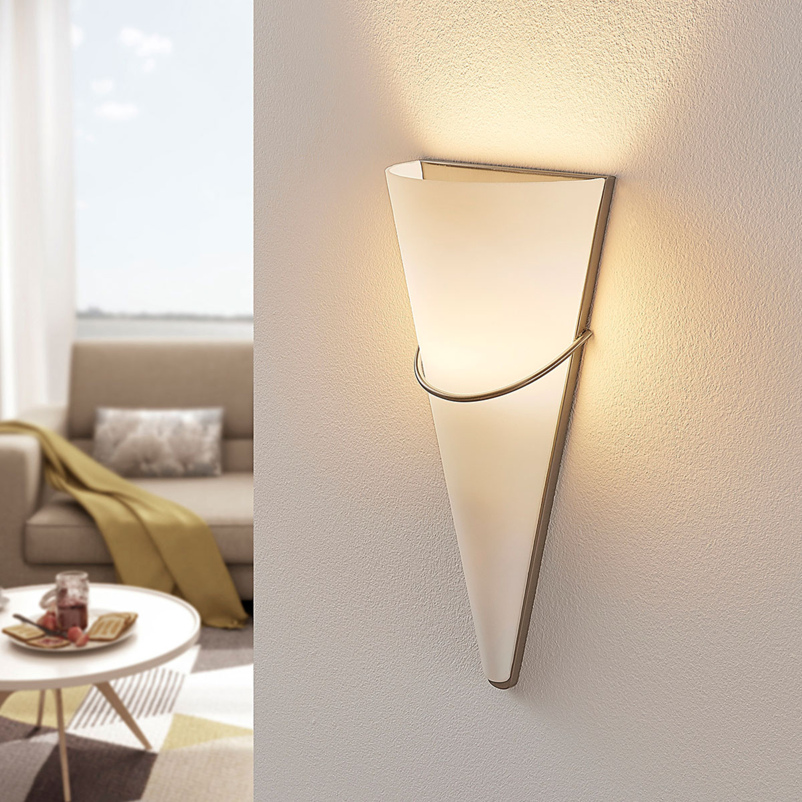 Lindby Satin nickel, opal glass LED wall light Melek, for Bedroom, Glass, metal, E14, 6 W, energy efficiency: A+, W: 16 cm, H: 36.5 cm