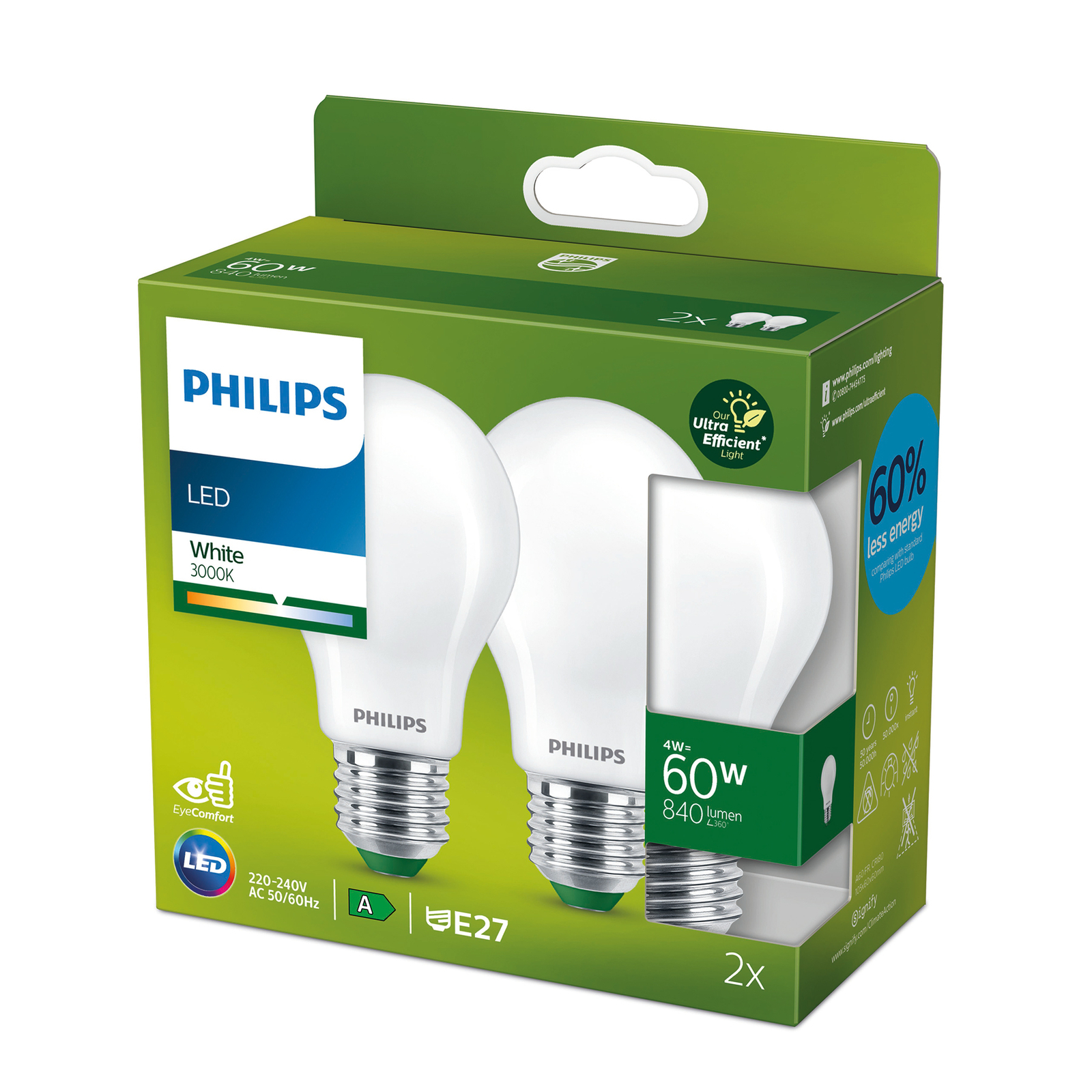 koolhydraat Diploma censuur Philips LED lamp E27 A60 4W 840lm mat 3.000K per 2 | Lampen24.be