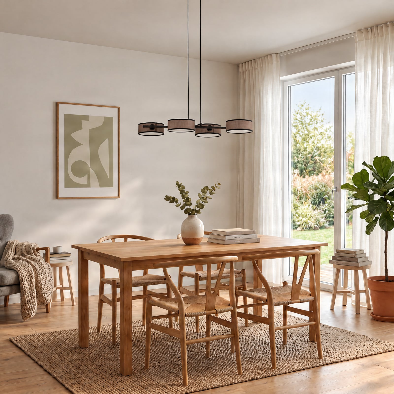Závěsné světlo Drumz 4, hnědé, látka/ocel, délka 80 cm, E14 Závěsné světlo Drumz 4, hnědé, látka/ocel, délka 80 cm, E14