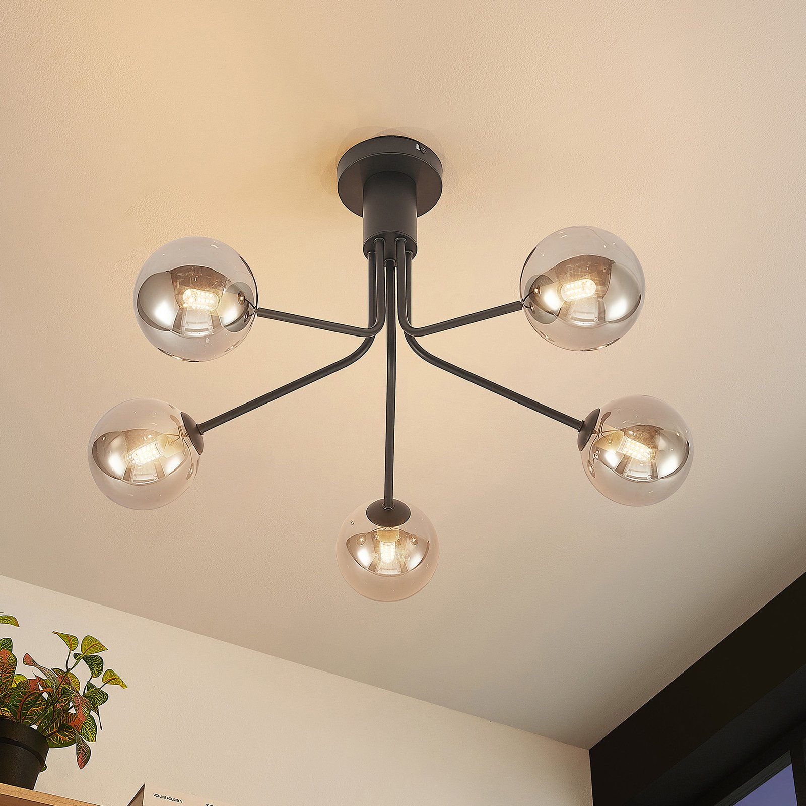 Lucande Wynona plafondlamp, 5-lamps, zwart
