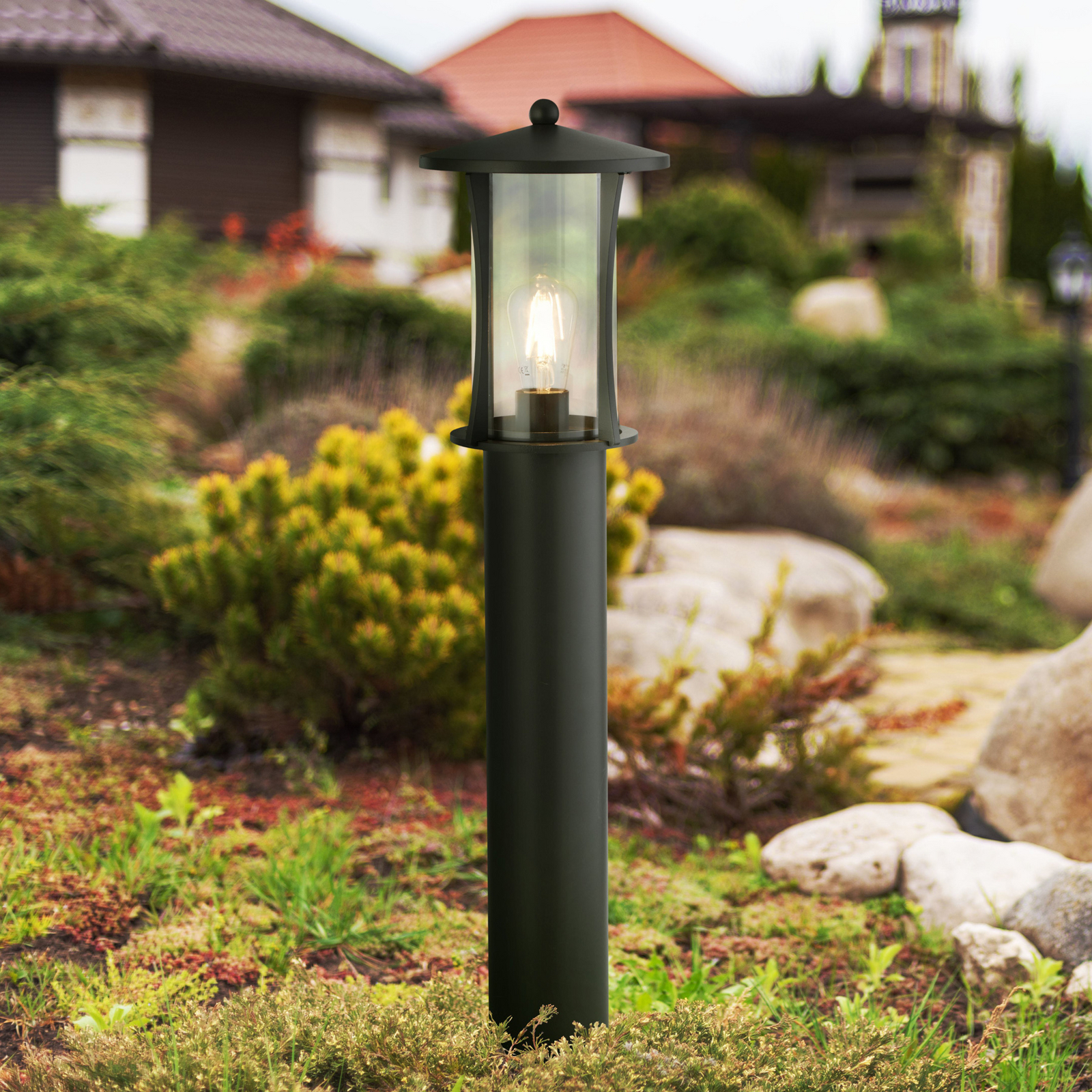 Borne lumineuse Pagoda, IP44, noir, hauteur 73 cm, métal