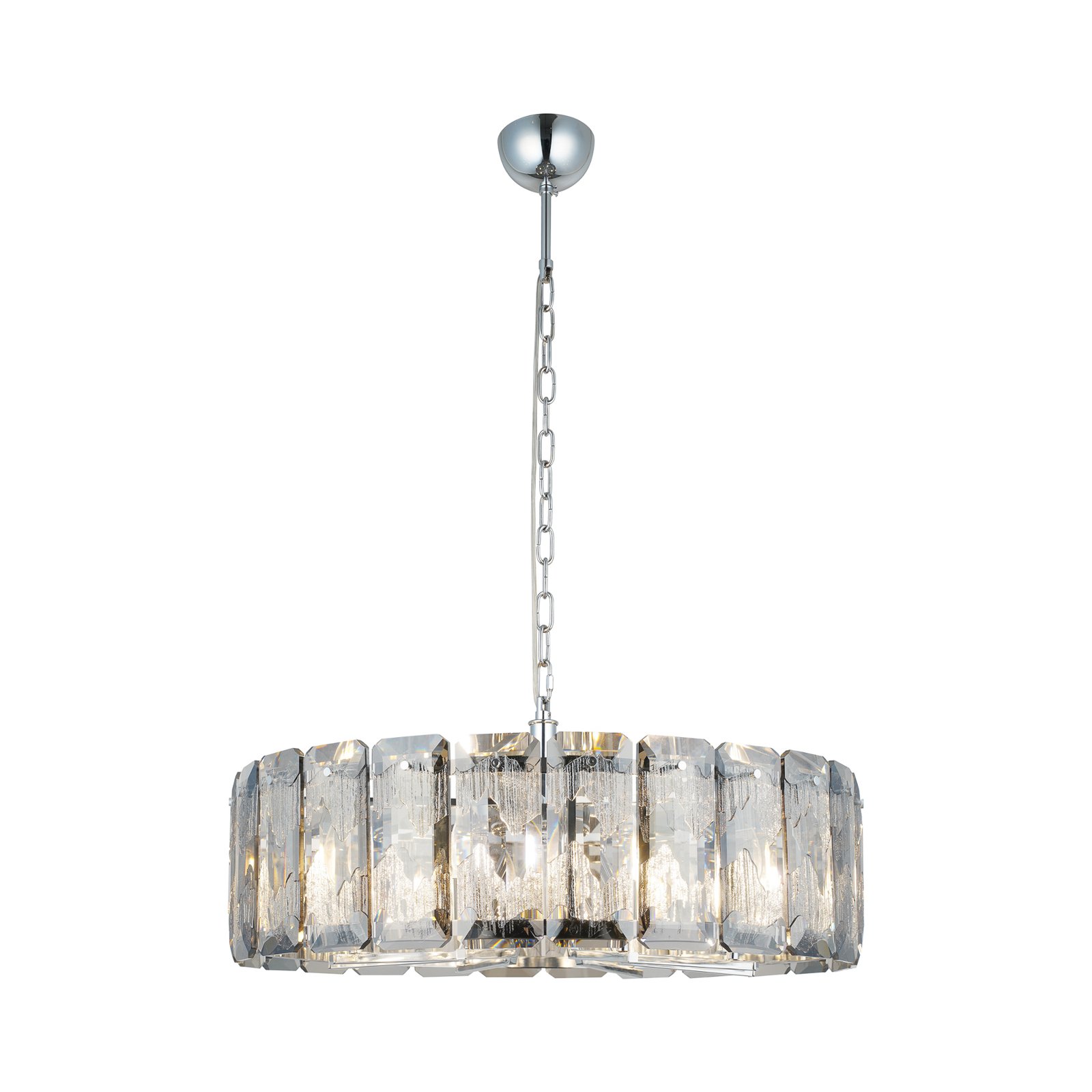 Orvin chandelier, round, chrome, 8-bulb, Ø 67 cm, glass