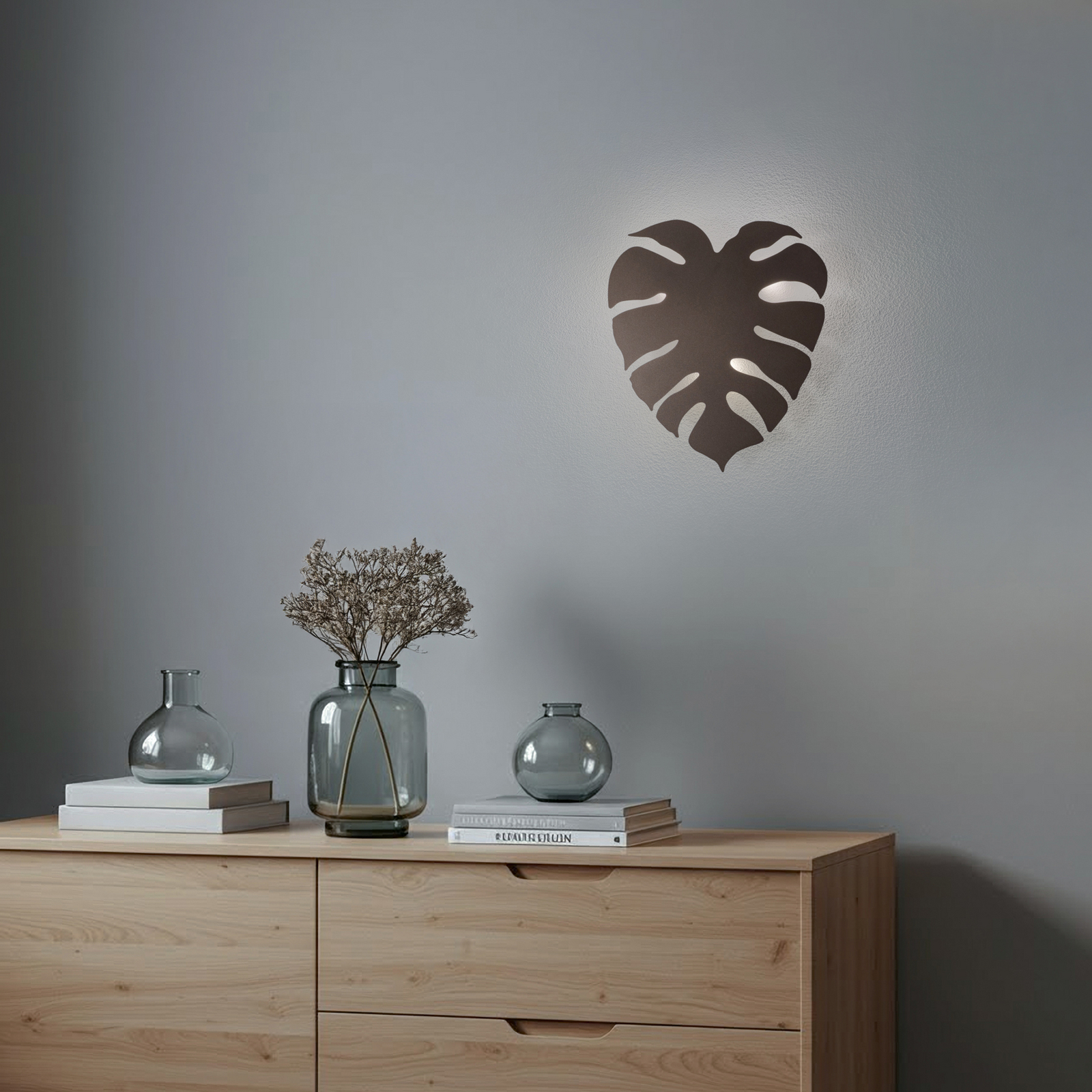Monstera wall light, leaf shape, 3 x G9, steel, brown