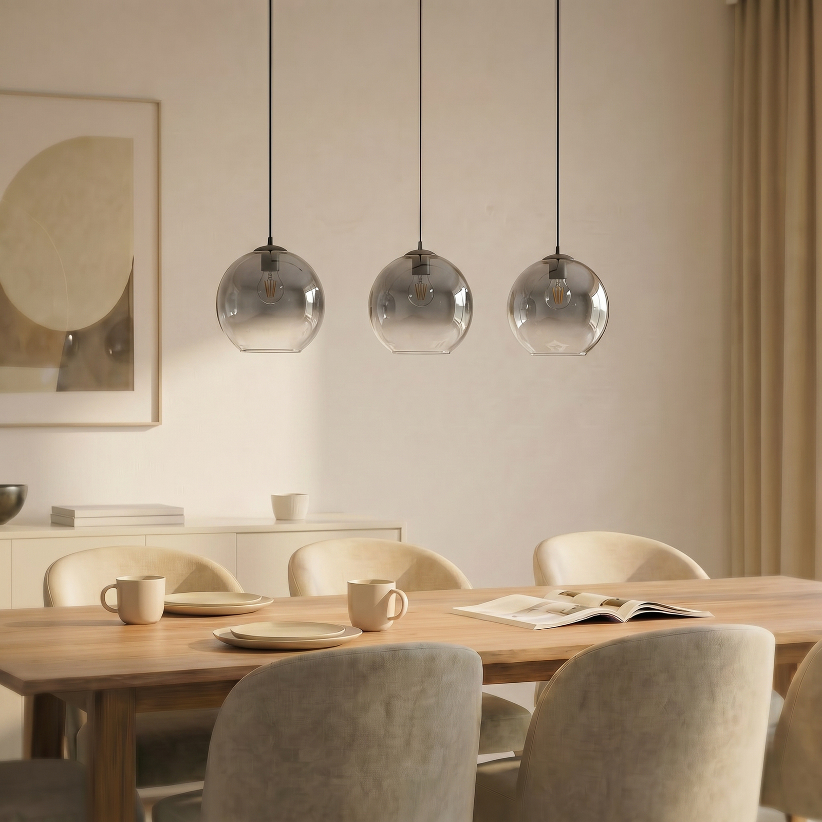 Lucande Hängeleuchte Brillar, rauchgrau, Glas, 3-flg., 128cm