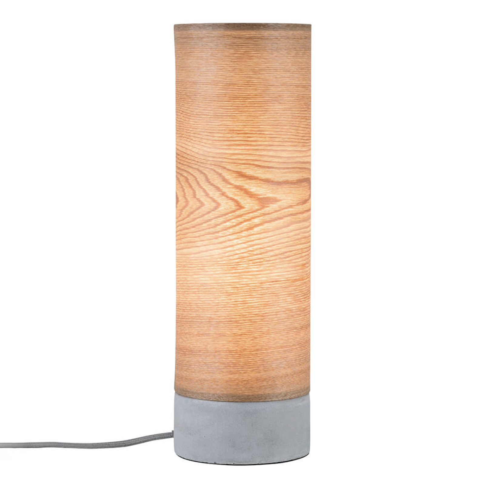 Sylindrisk bordlampe Skadi i treverk med betongfot