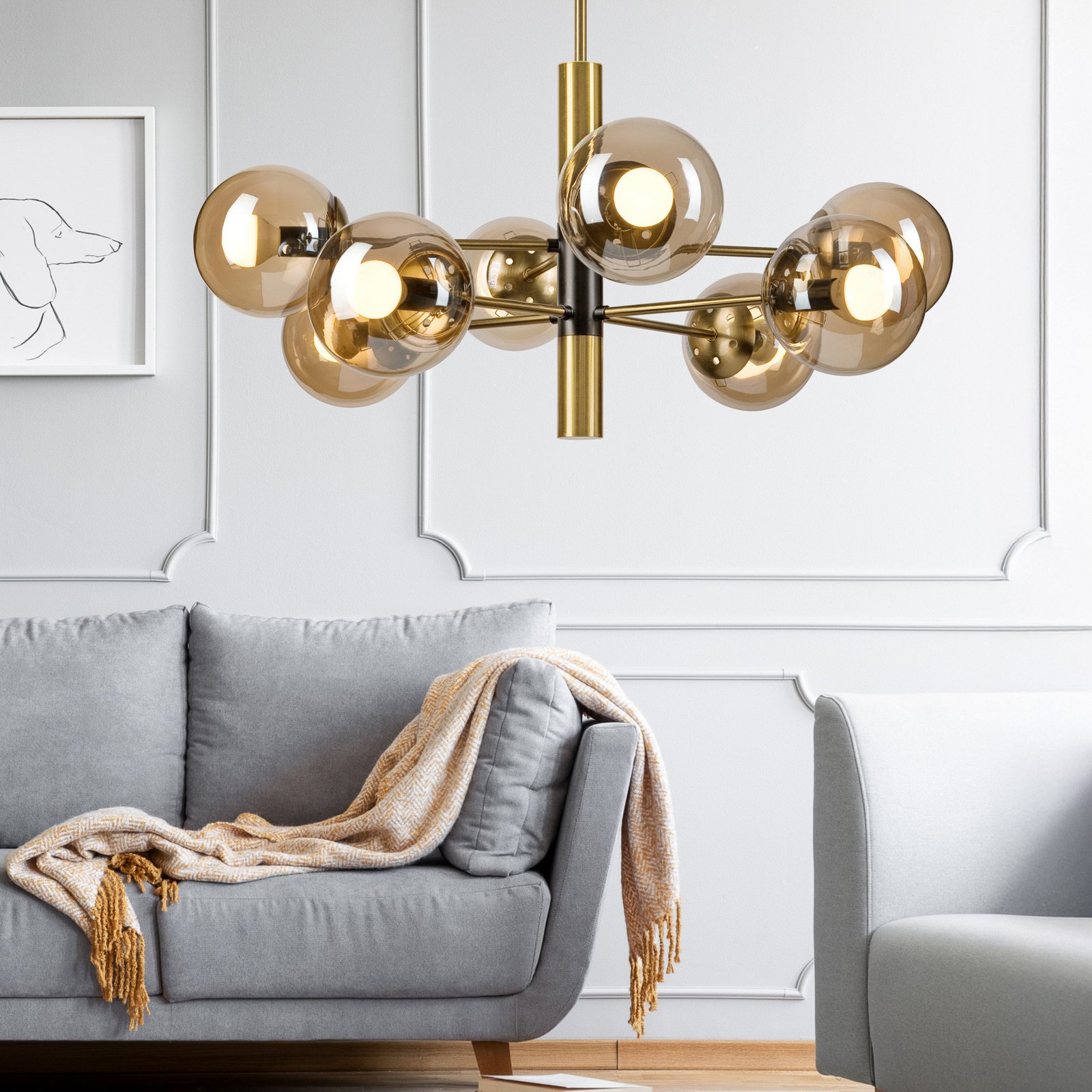 Natalia ceiling lamp, gold-coloured, Ø 68 cm, glass, 8-bulb, E14