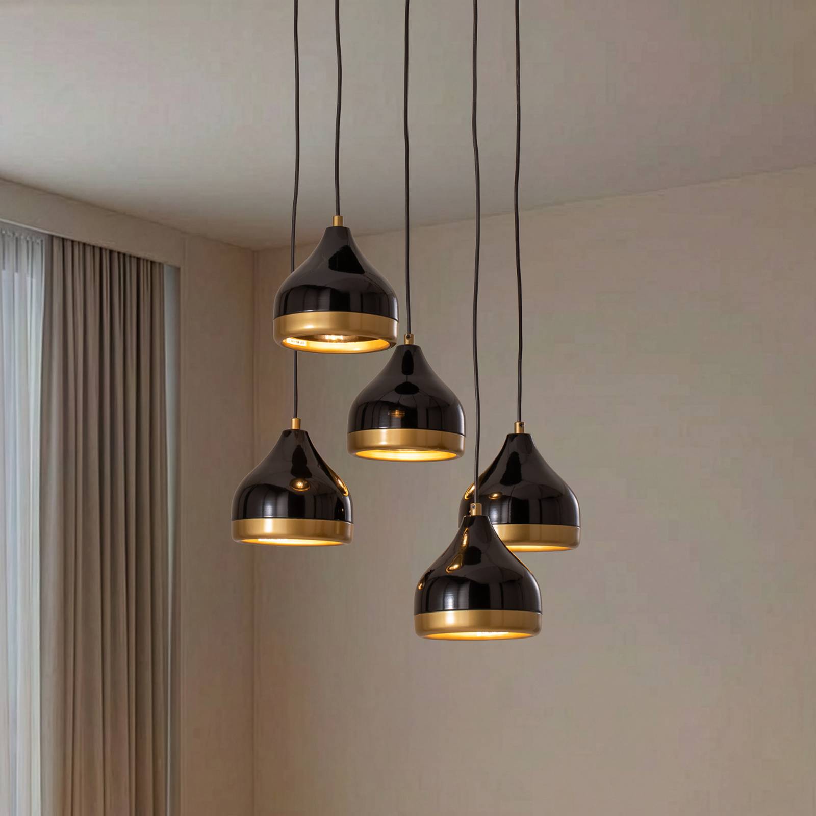 Hängeleuchte Yildo, 5-flammig, Rondell, schwarz/gold, Ø43 cm günstig online kaufen
