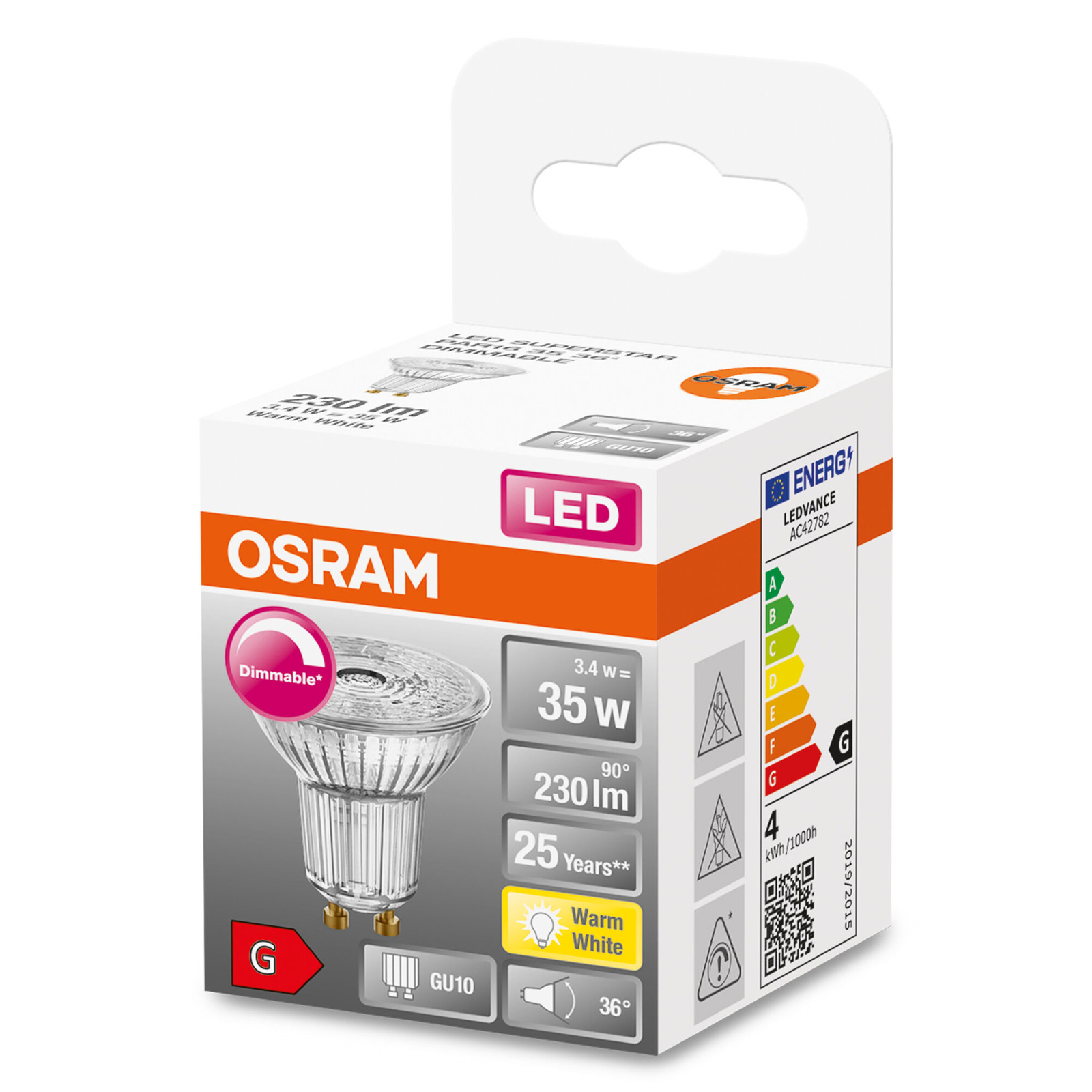 OSRAM LED glass reflector GU10 3.4W 927 36° dim