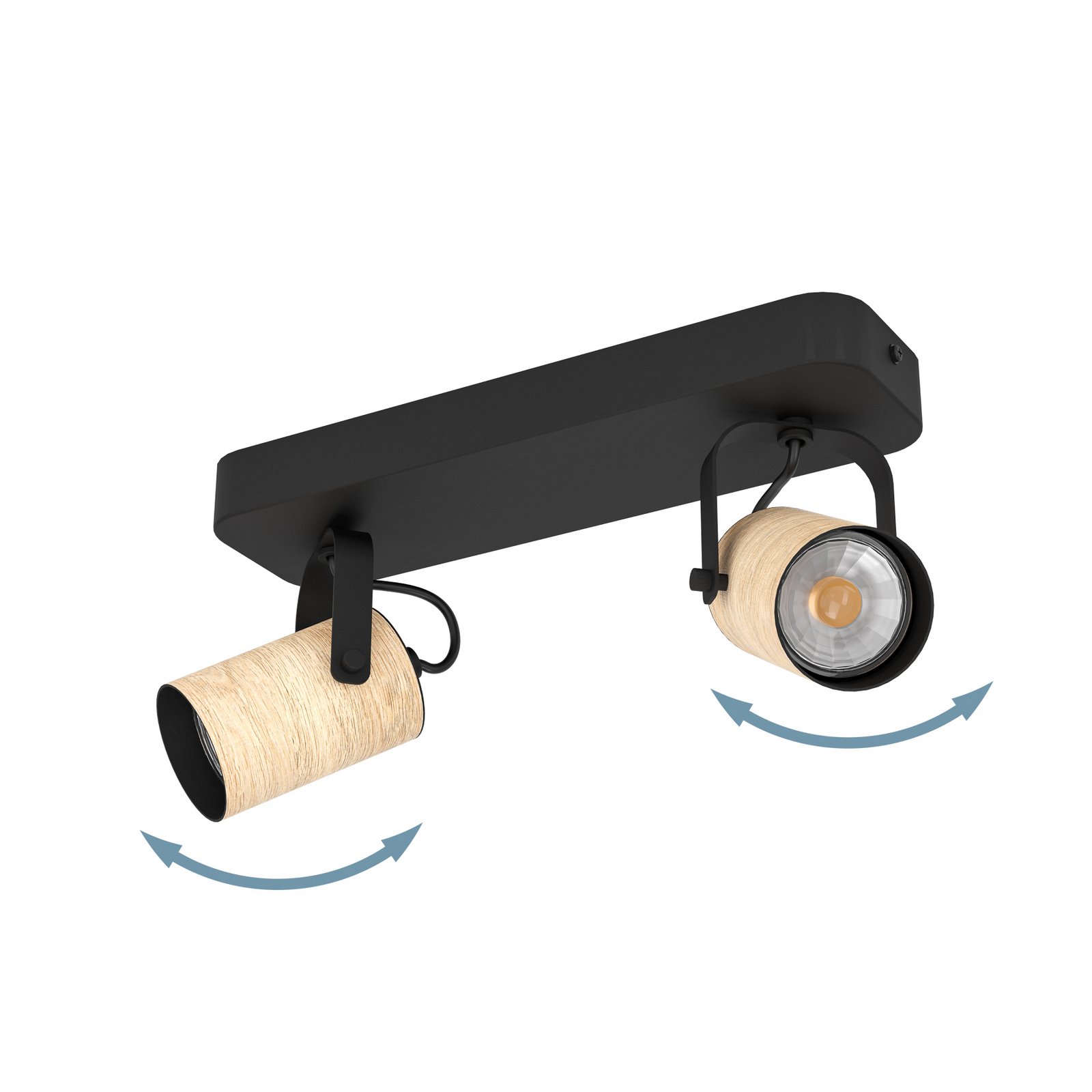 Projetor de teto Cayuca, decoração em preto/madeira, duas lâmpadas