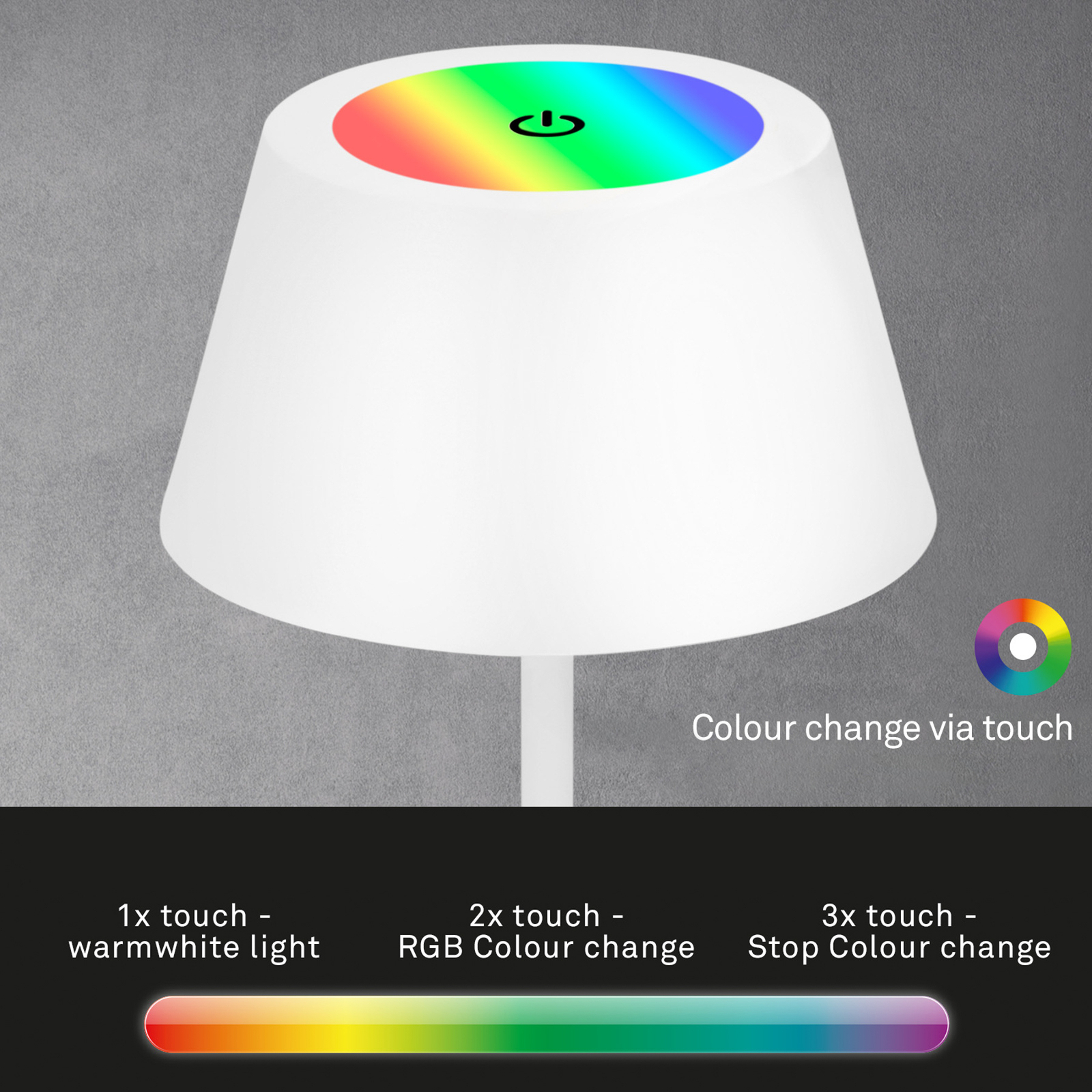 LED asztali lámpa Kiki újratölthető akkumulátorral, RGBW, fehér