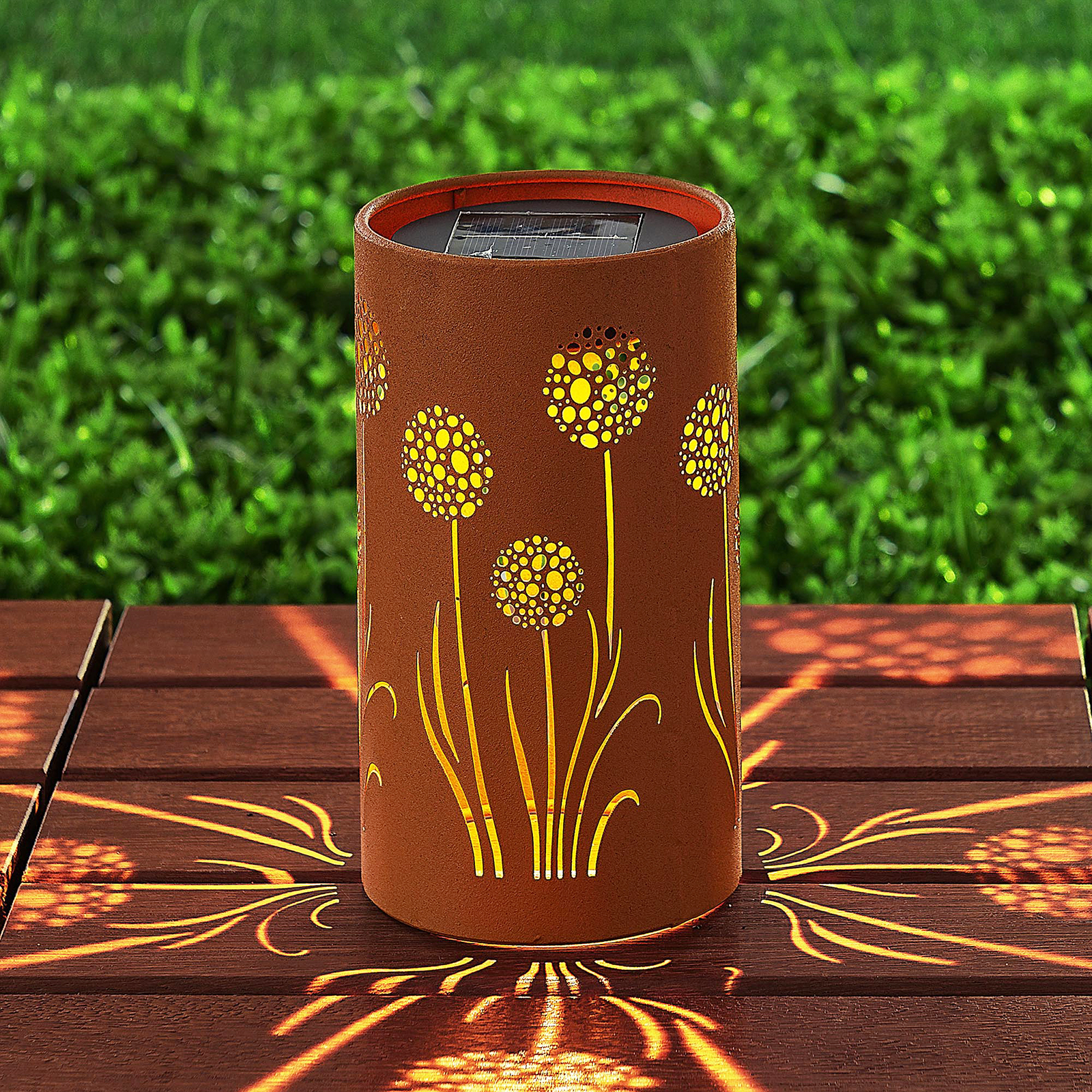 Lindby Tomtin LED solar lamp with pattern, cylinder, metal, 0.5 W, energy efficiency: A+, H: 18 cm