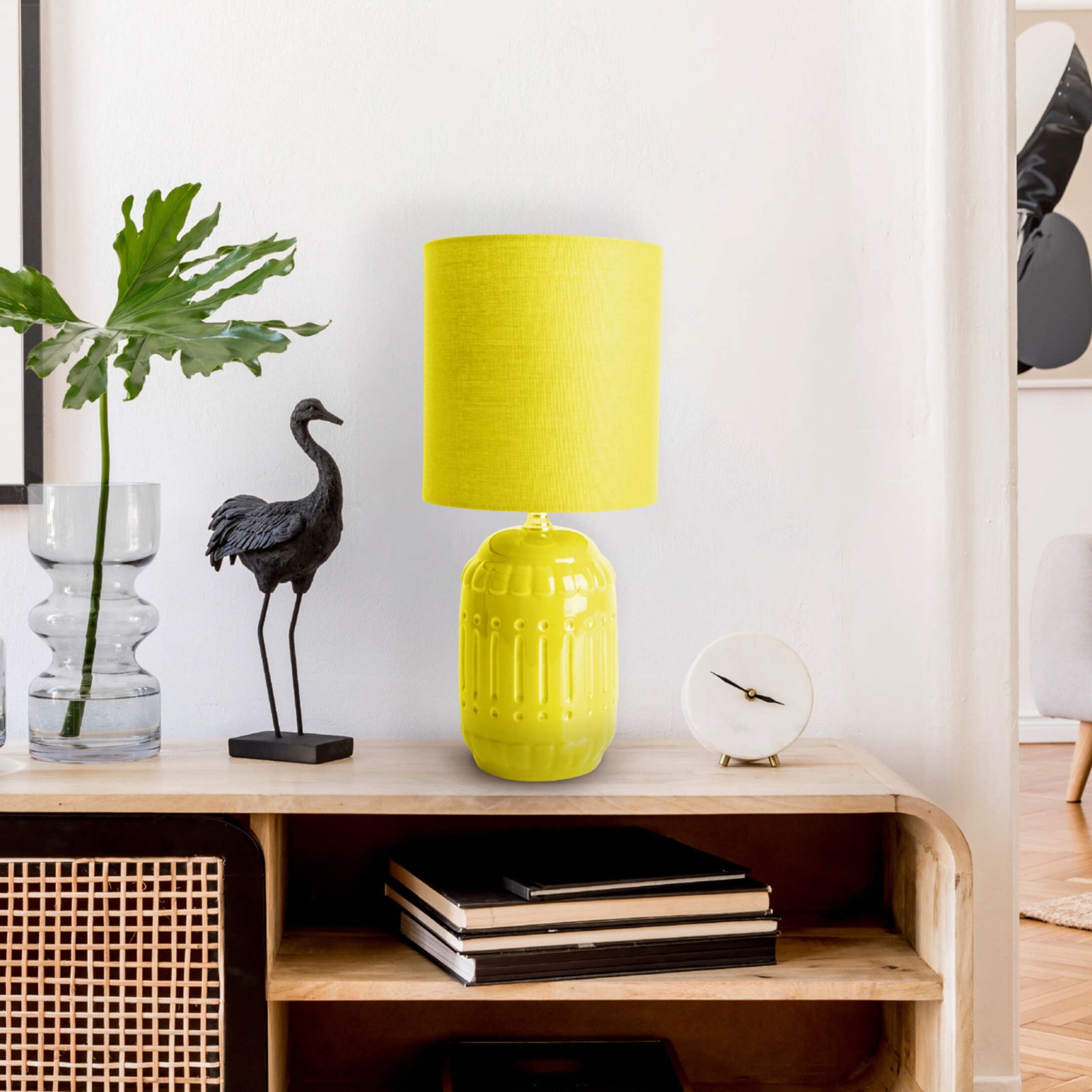 Lámpara de mesa Erida, cerámica y tejido, amarillo